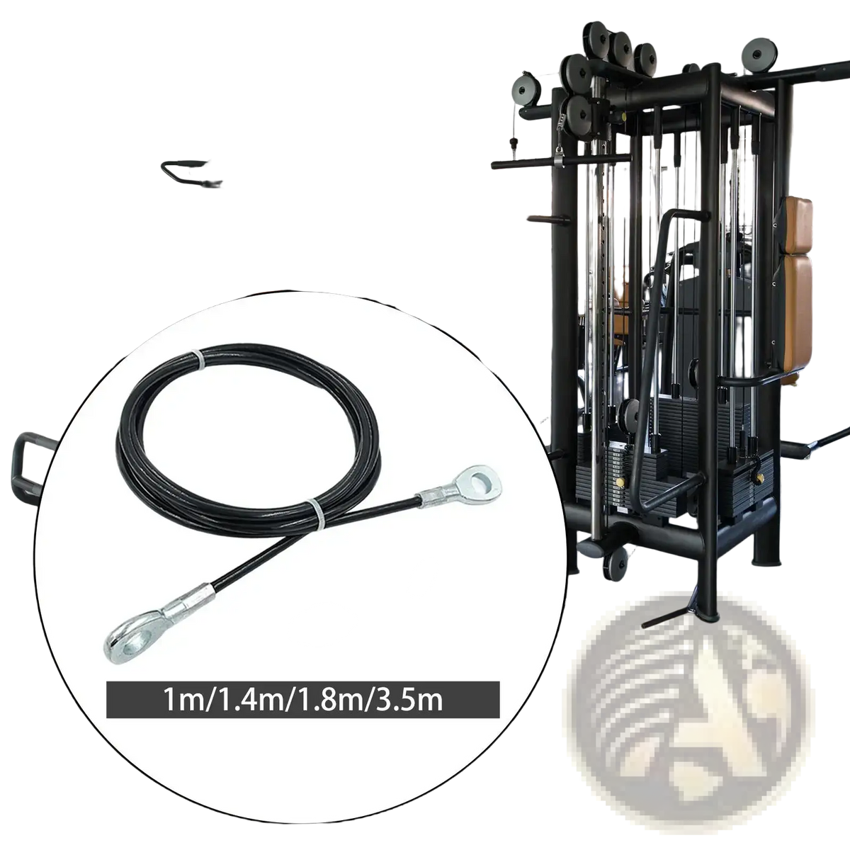 Fitness pulley cable replacement wire rope in black with silver metal ends coiled in a circular inset