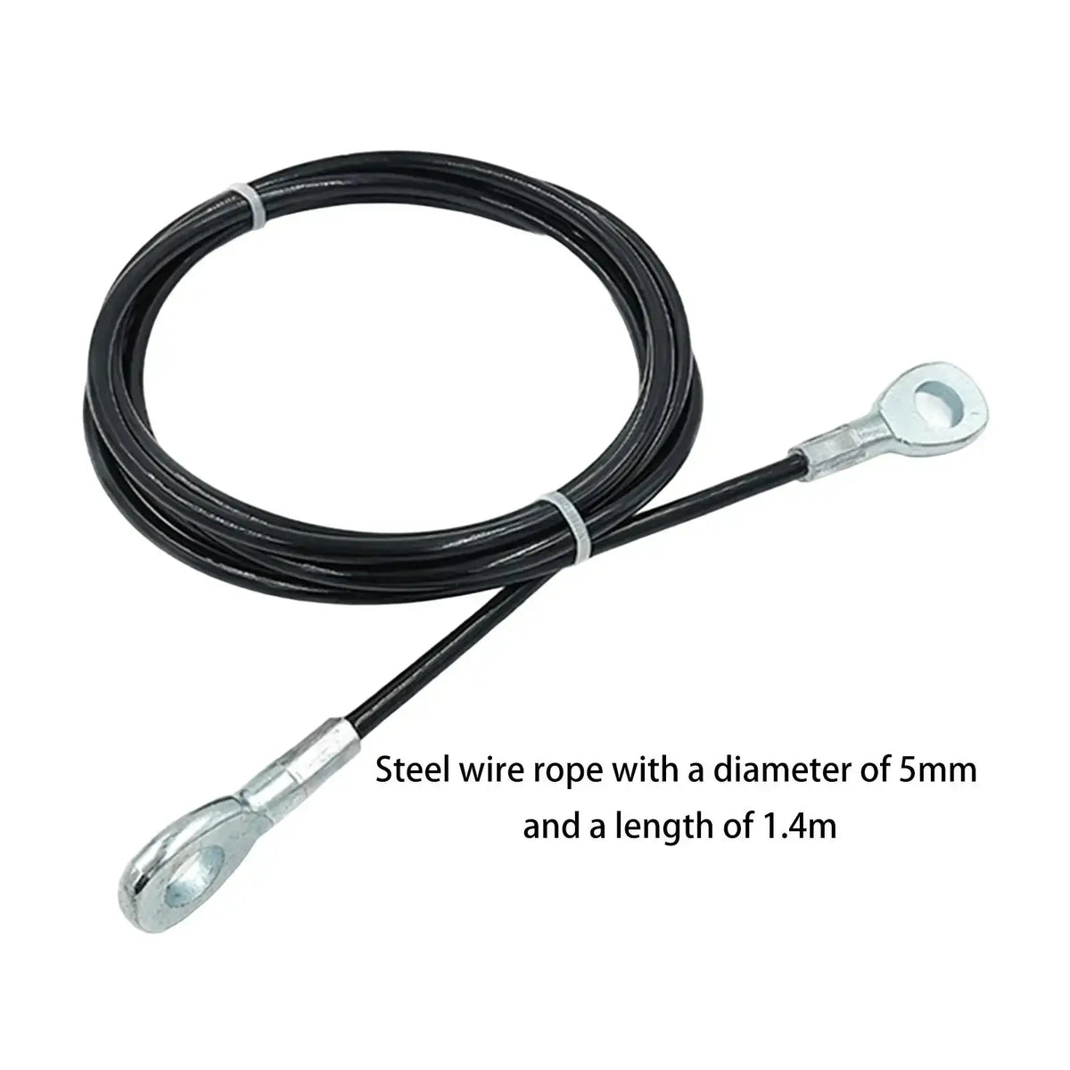Black steel fitness pulley cable replacement wire rope with 5mm diameter, 1.4m length, and metallic eye loops