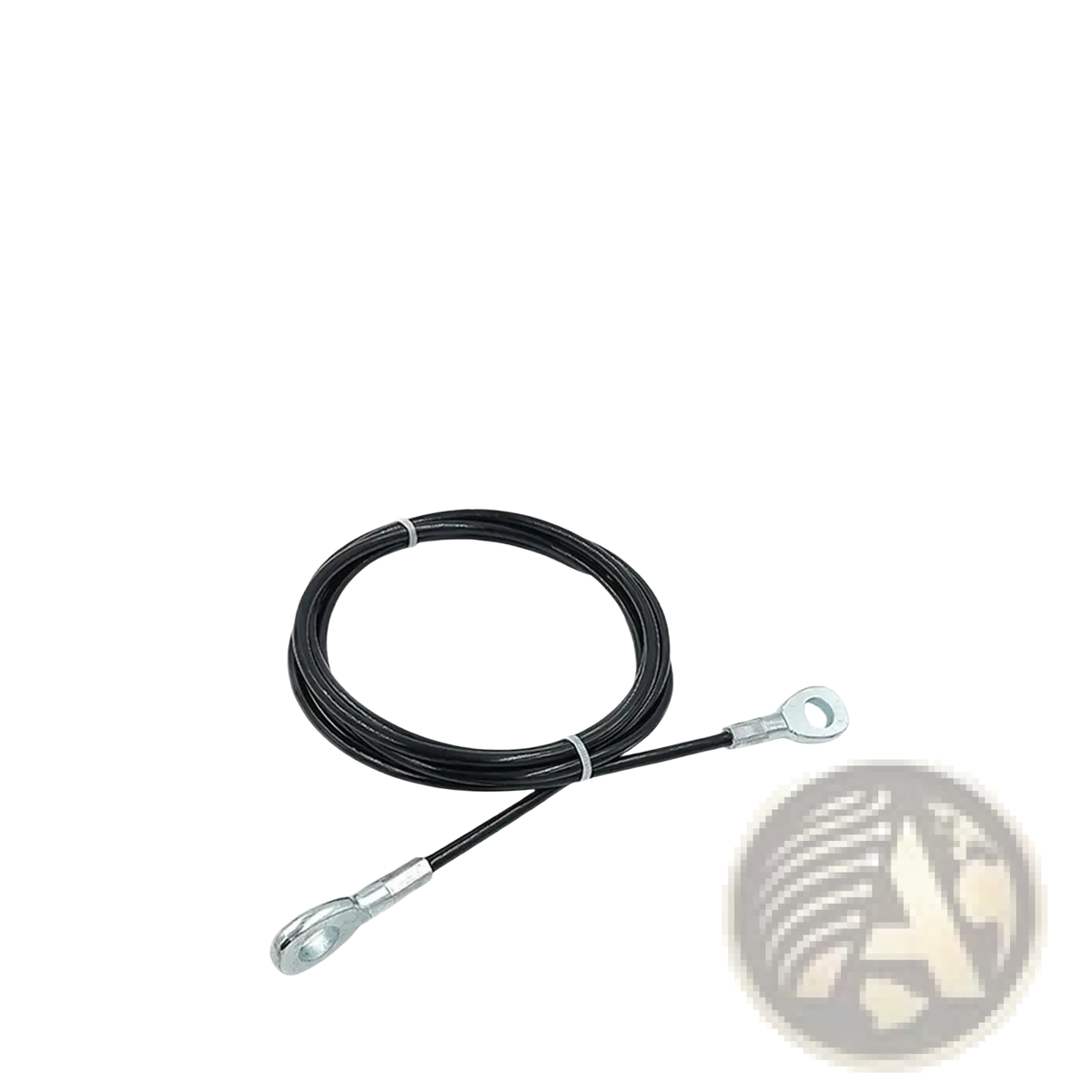 Black steel fitness pulley cable replacement wire rope with silver metal end fittings coiled in gym setting