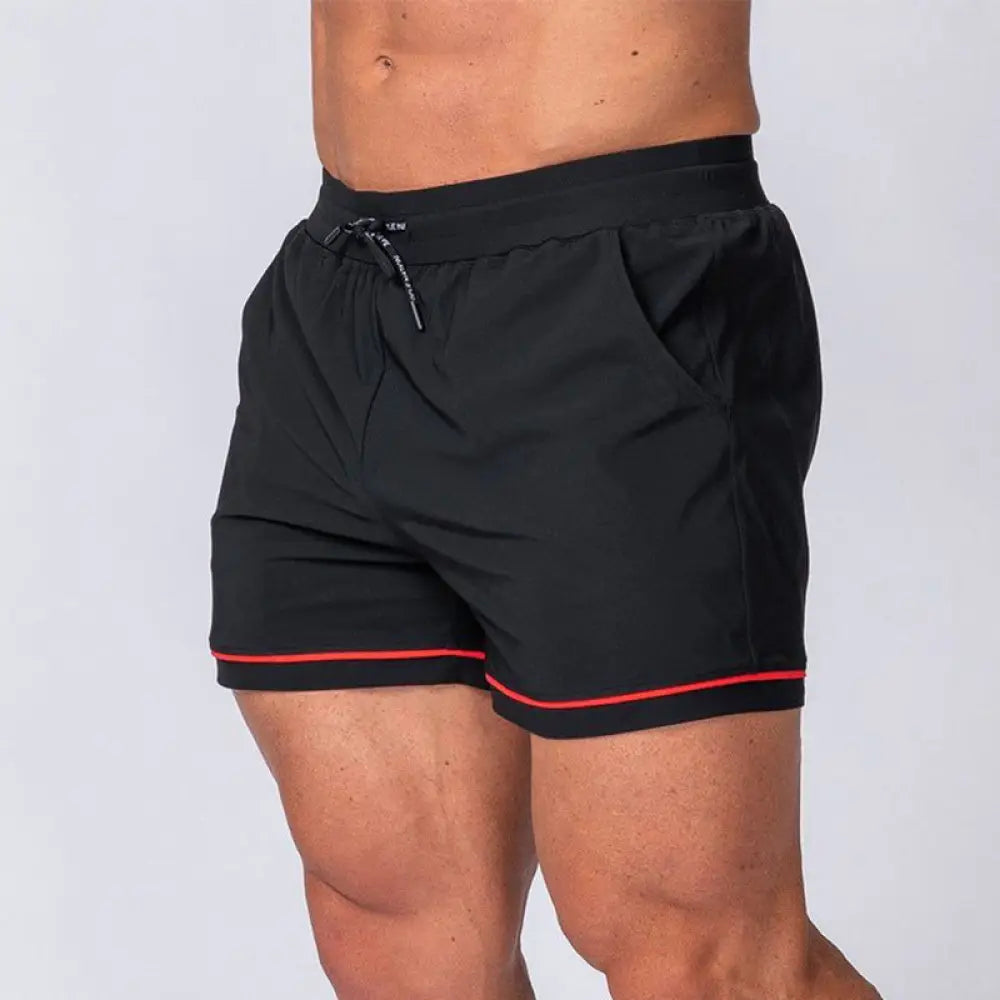 Men’s quick-dry 2-in-1 multi-sport performance shorts in black with red trim and drawstring waistband shown from the back