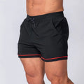 Men’s quick-dry 2-in-1 multi-sport performance shorts in black with red trim and drawstring waistband shown from the back
