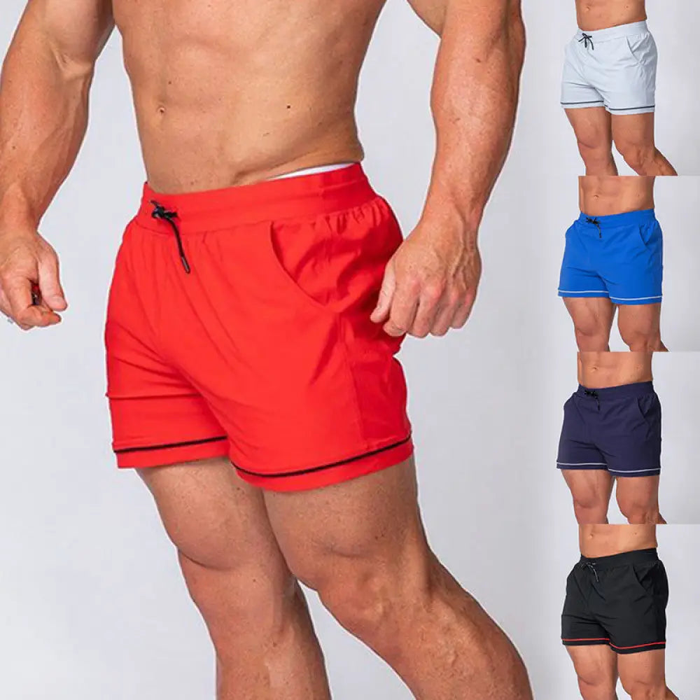 Men’s quick-dry 2-in-1 multi-sport performance shorts in vibrant red with black trim and drawstring waistband