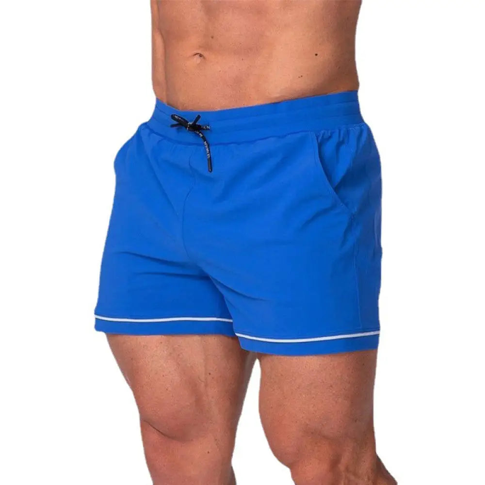 Men’s quick-dry 2-in-1 multi-sport performance shorts in bright blue with white trim and black drawstring tie at the waist