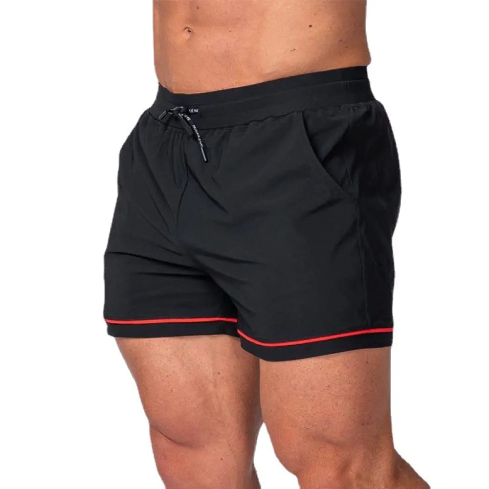 Men’s quick-dry 2-in-1 multi-sport performance shorts in black with red trim and drawstring waistband for athletic use
