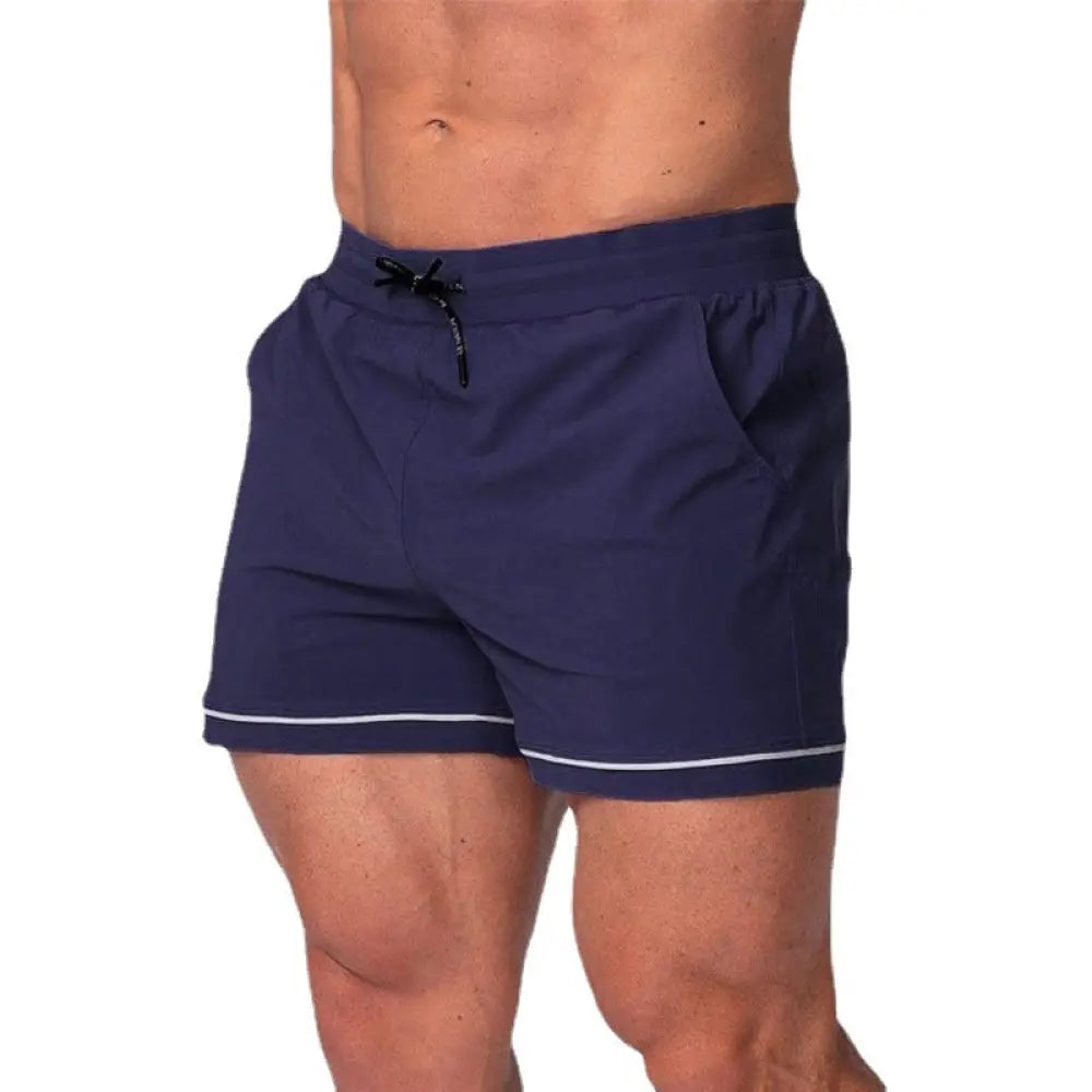 Men’s quick-dry navy blue 2-in-1 multi-sport athletic shorts with white hem trim and black drawstring waistband