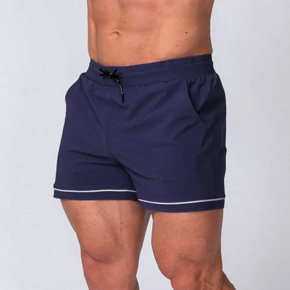 Men’s quick-dry navy blue 2-in-1 multi-sport performance shorts with white trim and black drawstring waistband
