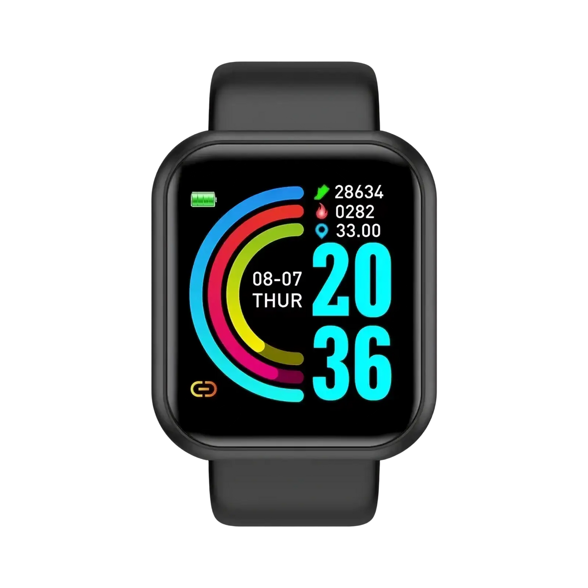 Black fitness smart watch with square face and colorful digital display showing time, date, steps, heart rate, and location data