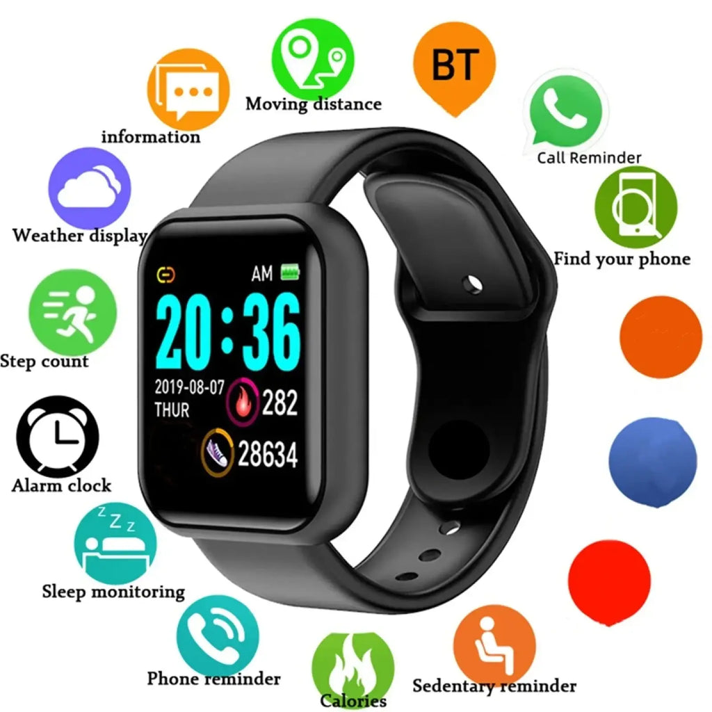 Black silicone fitness smart watch with rectangular digital display showing time date and fitness metrics