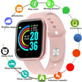 Pink silicone fitness smart watch with rose gold bezel and circular touchscreen displaying time and fitness metrics