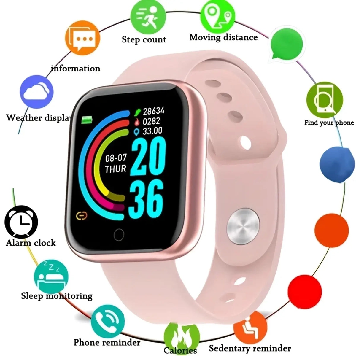 Pink silicone fitness smart watch with rose gold bezel and circular touchscreen displaying time and fitness metrics