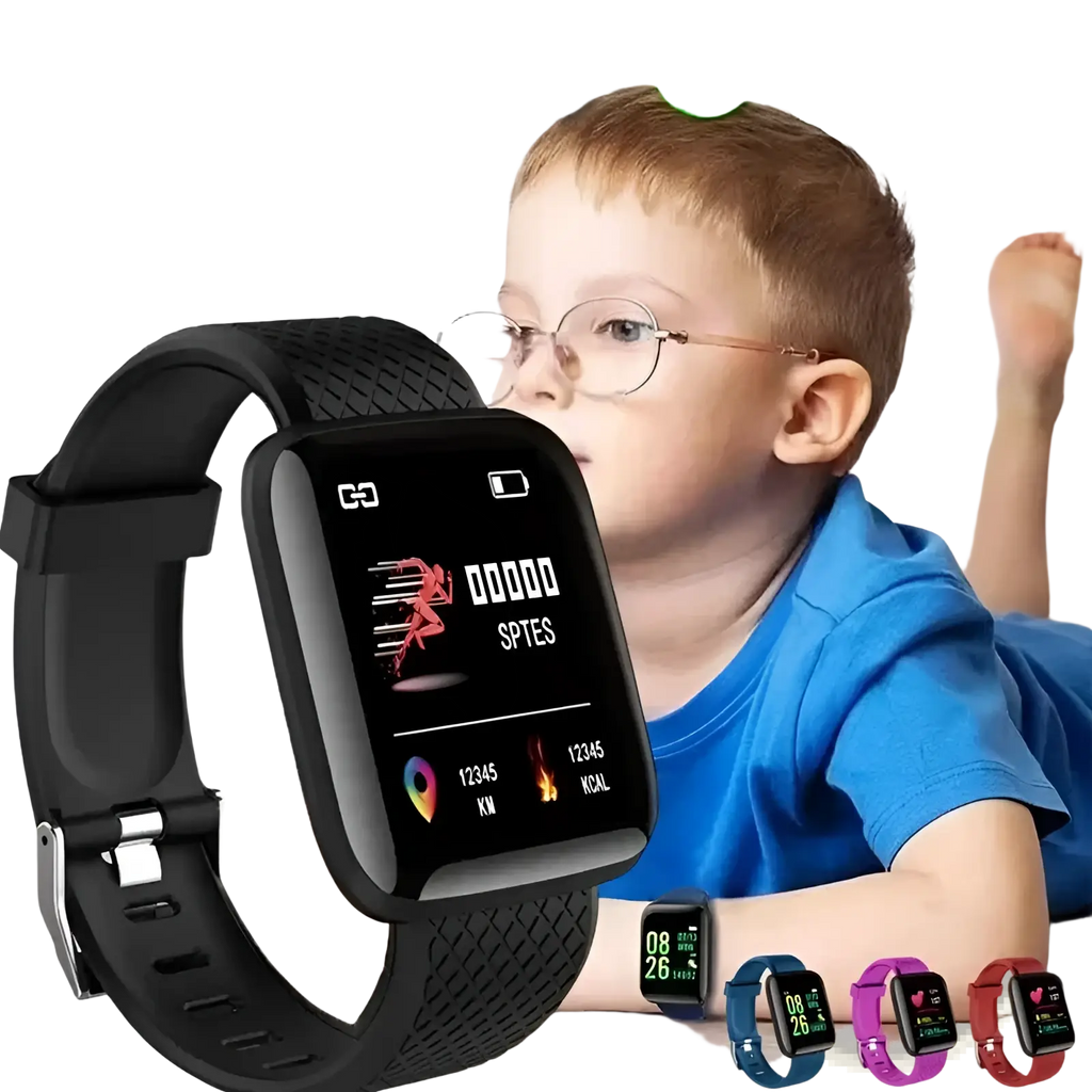 Black silicone kids fitness smart watch with rectangular screen displaying metrics and multiple color options below