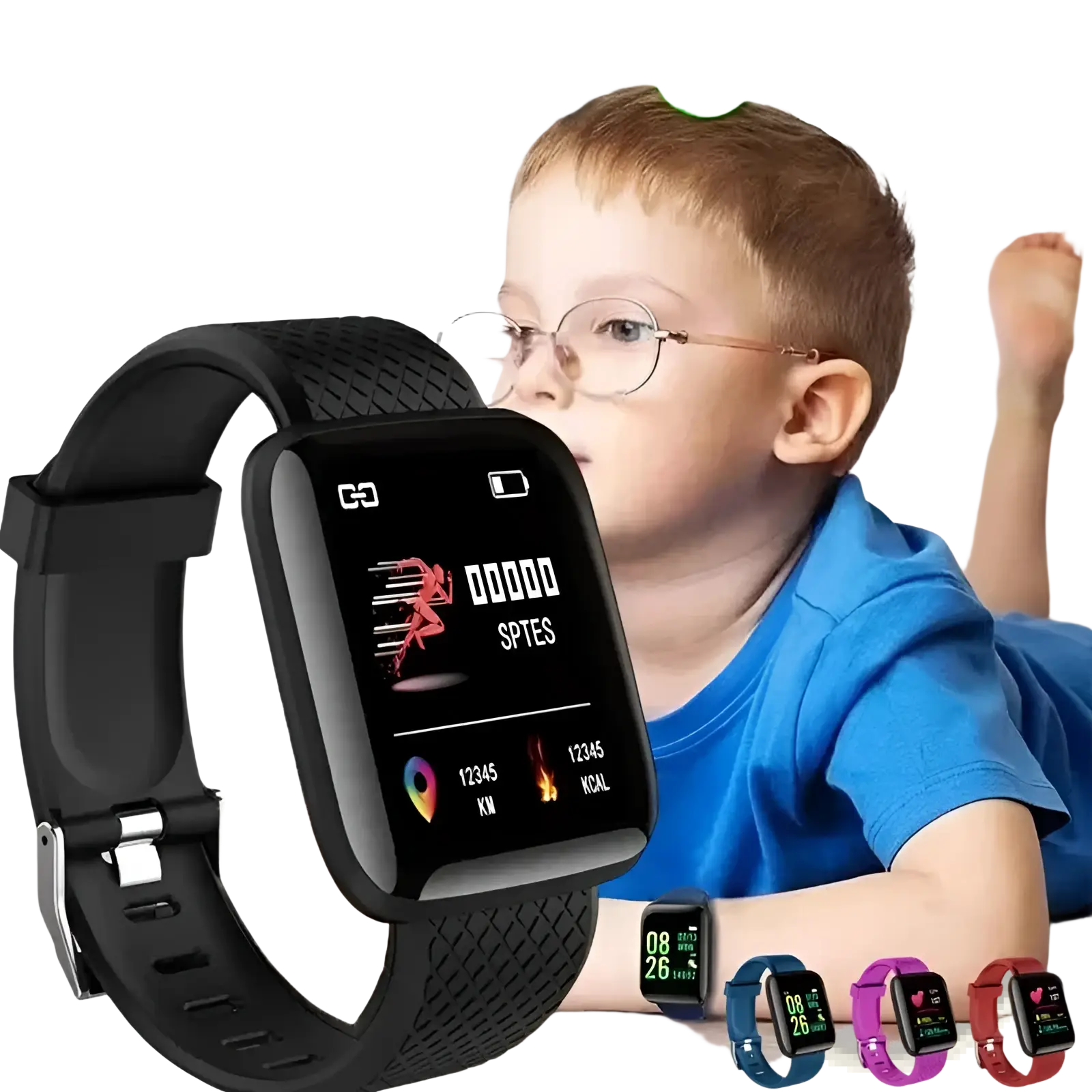 Black silicone kids fitness smart watch with rectangular screen displaying metrics and multiple color options below