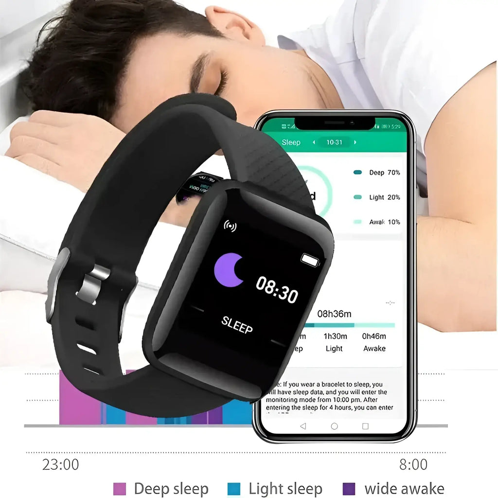 Black silicone fitness smart watch kids digital sport bracelet with rectangular screen displaying sleep tracking data