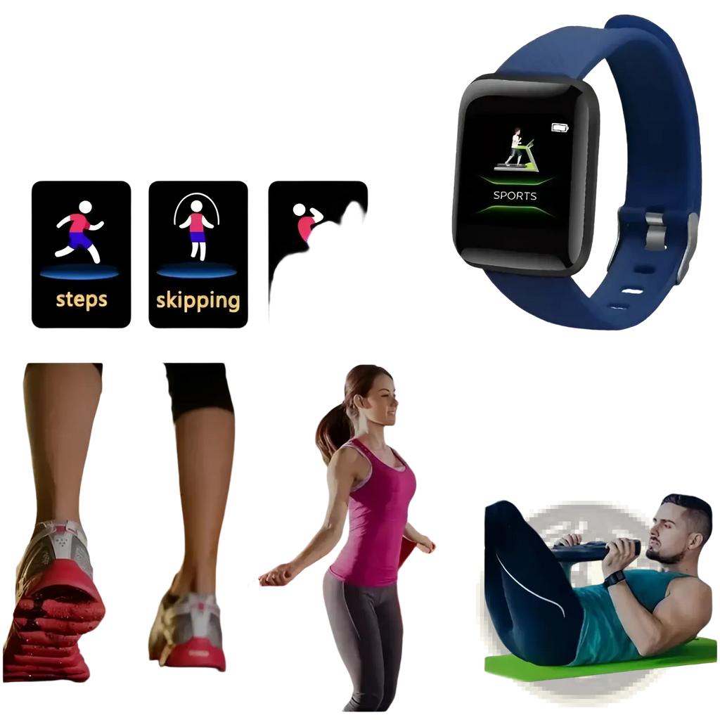 Blue silicone fitness smart watch kids digital sport bracelet with black screen displaying sports mode interface