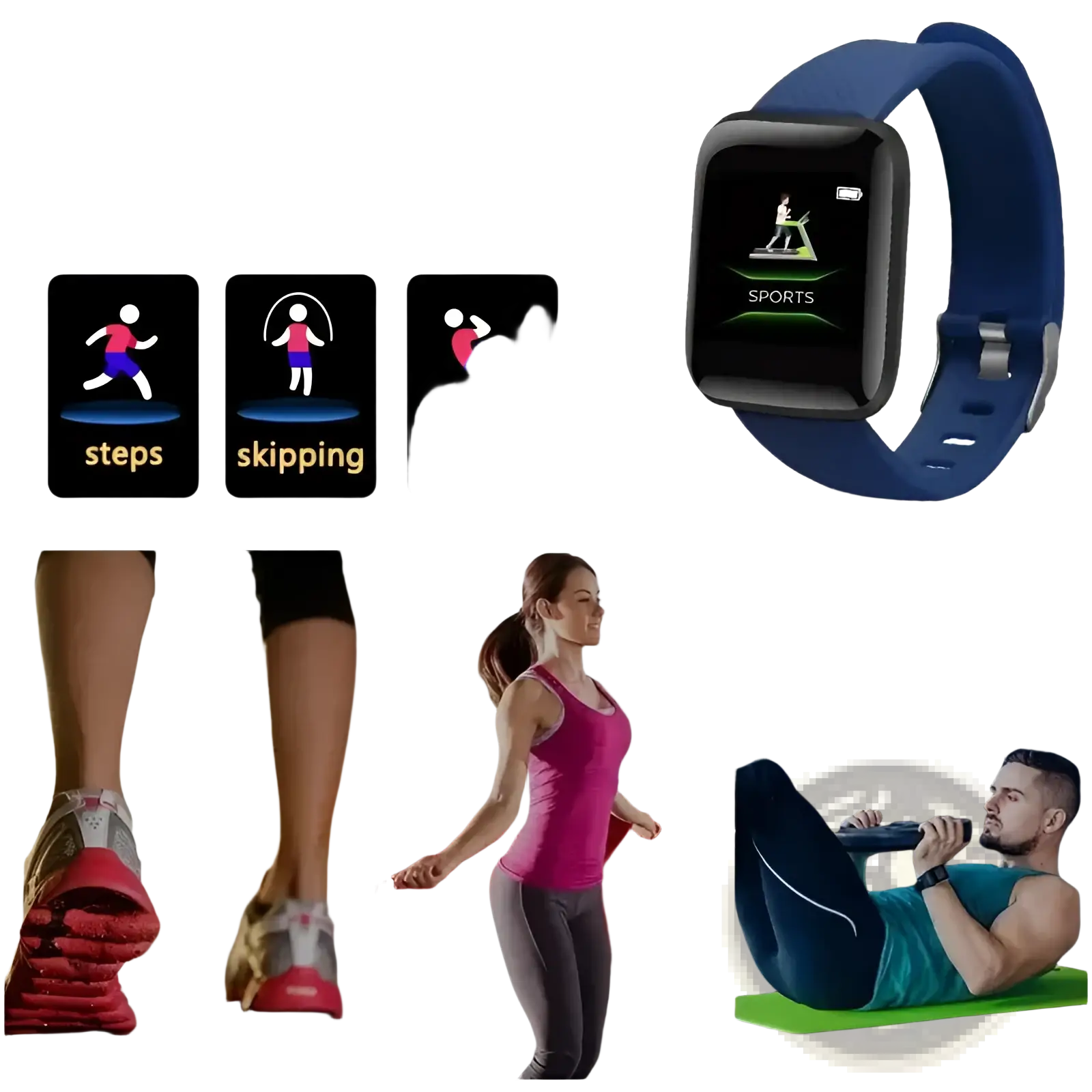 Blue silicone fitness smart watch kids digital sport bracelet with black screen displaying sports mode interface