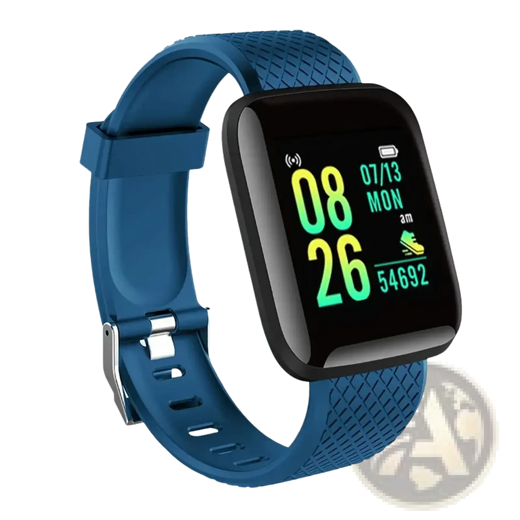 Blue silicone fitness smart watch kids digital sport bracelet with black rectangular screen showing time and step count