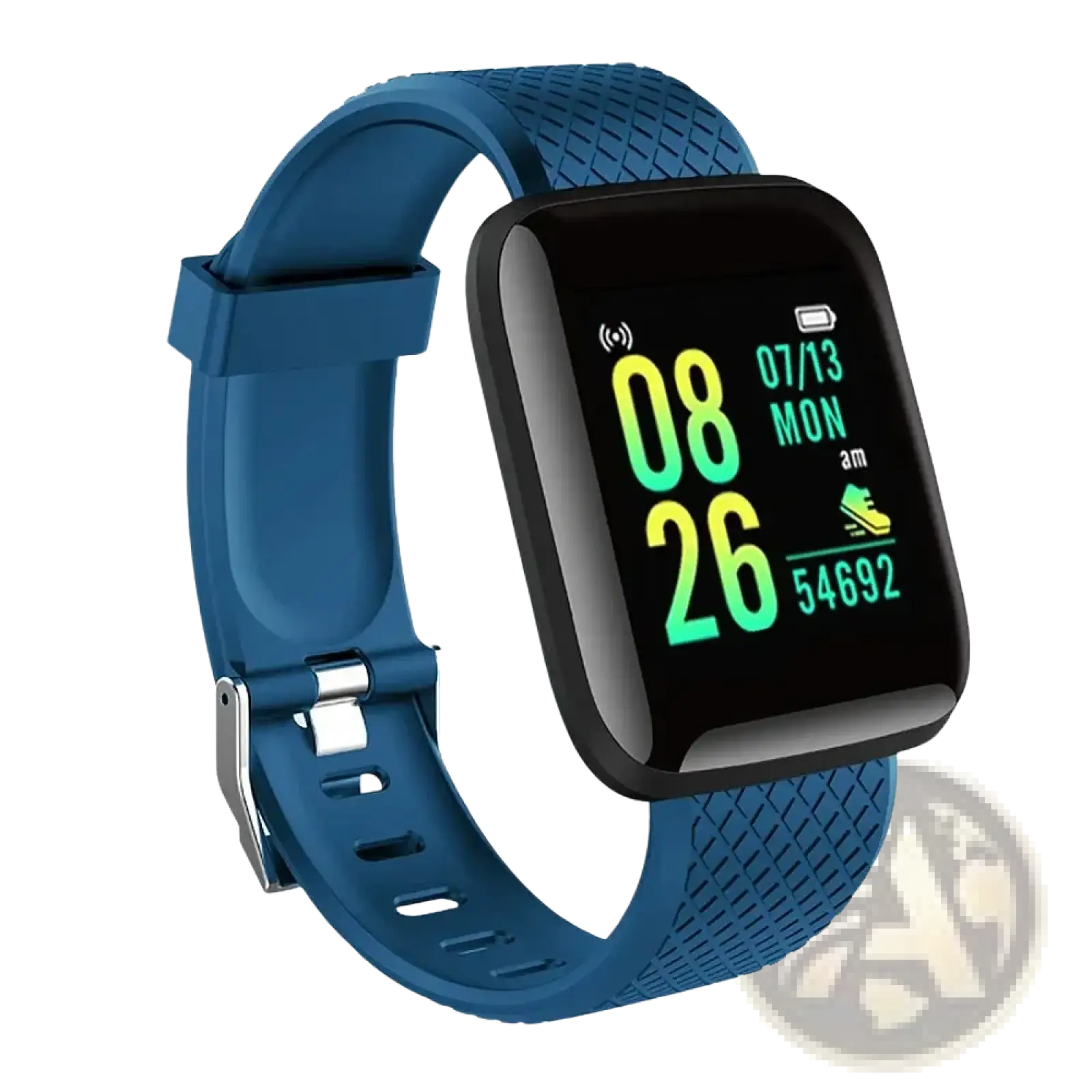 Blue silicone fitness smart watch kids digital sport bracelet with black rectangular screen showing time and step count