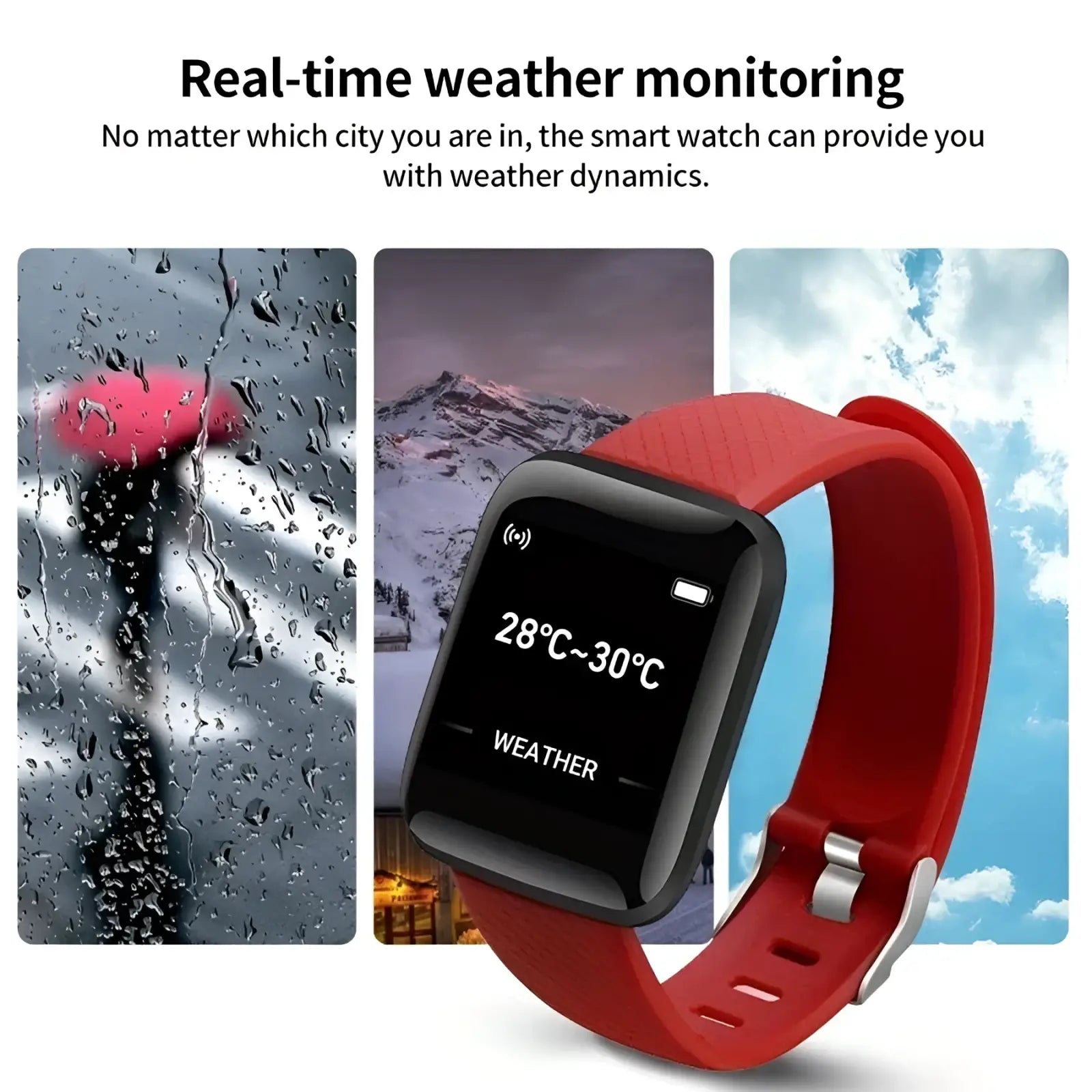 Red silicone fitness smart watch for kids with a black screen displaying weather information digital sport bracelet