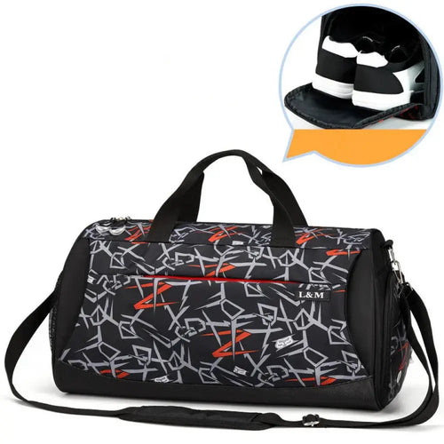Arbaglobal men’s large capacity fitness training duffel bag in black with white and red graffiti pattern and adjustable strap