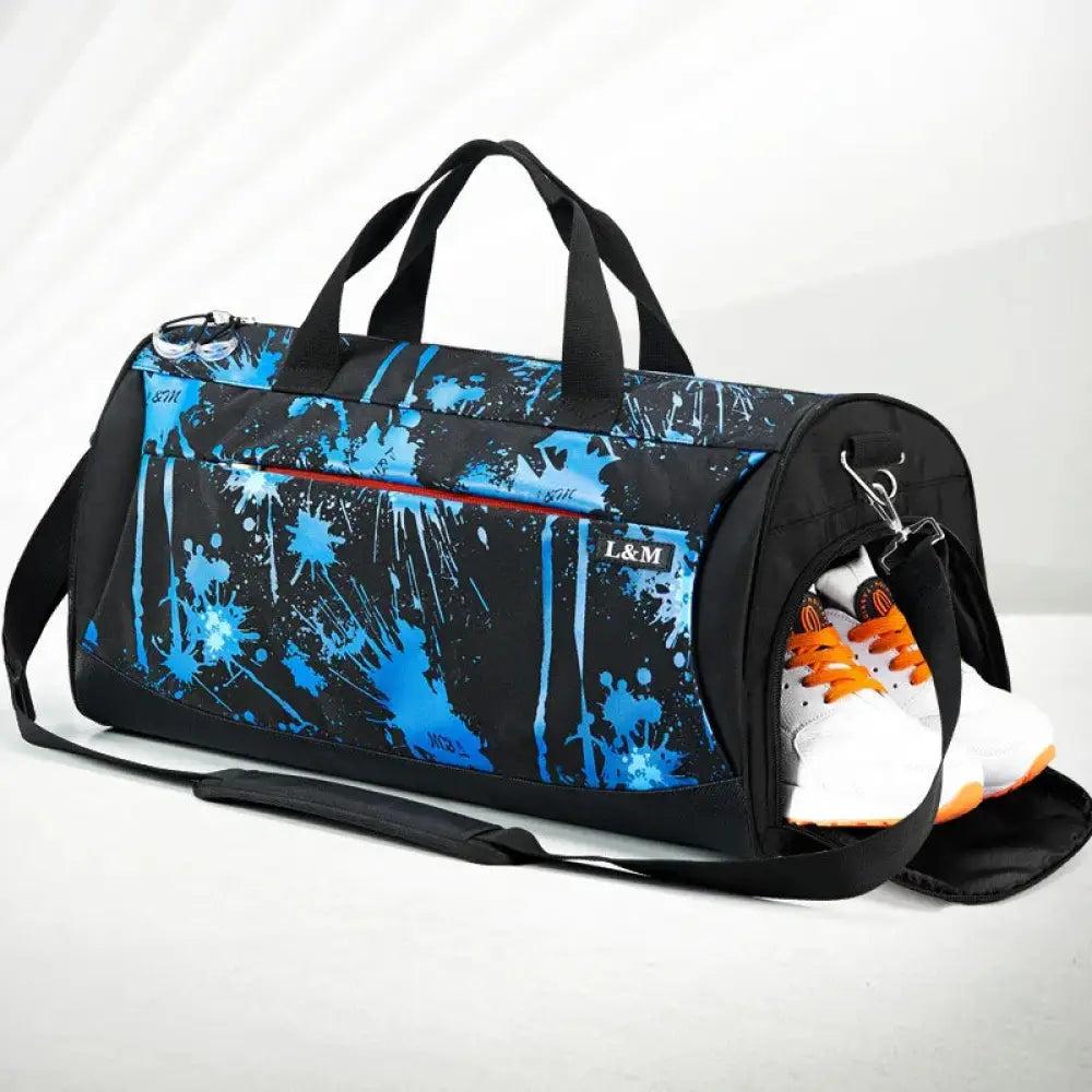 Arbaglobal men’s large capacity fitness training duffel bag with black and blue splatter pattern and black handles