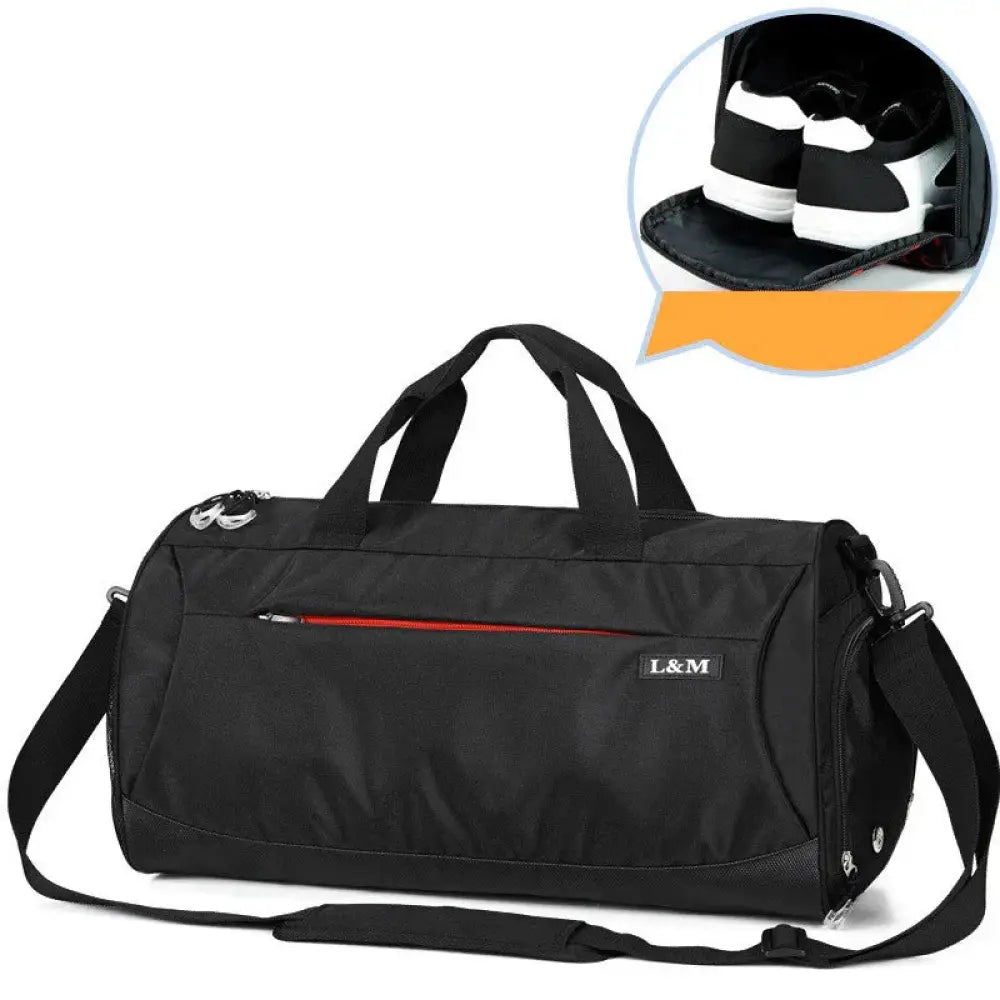 Arbaglobal men’s large capacity black l&m duffel bag with orange zipper accents and adjustable shoulder strap for fitness training