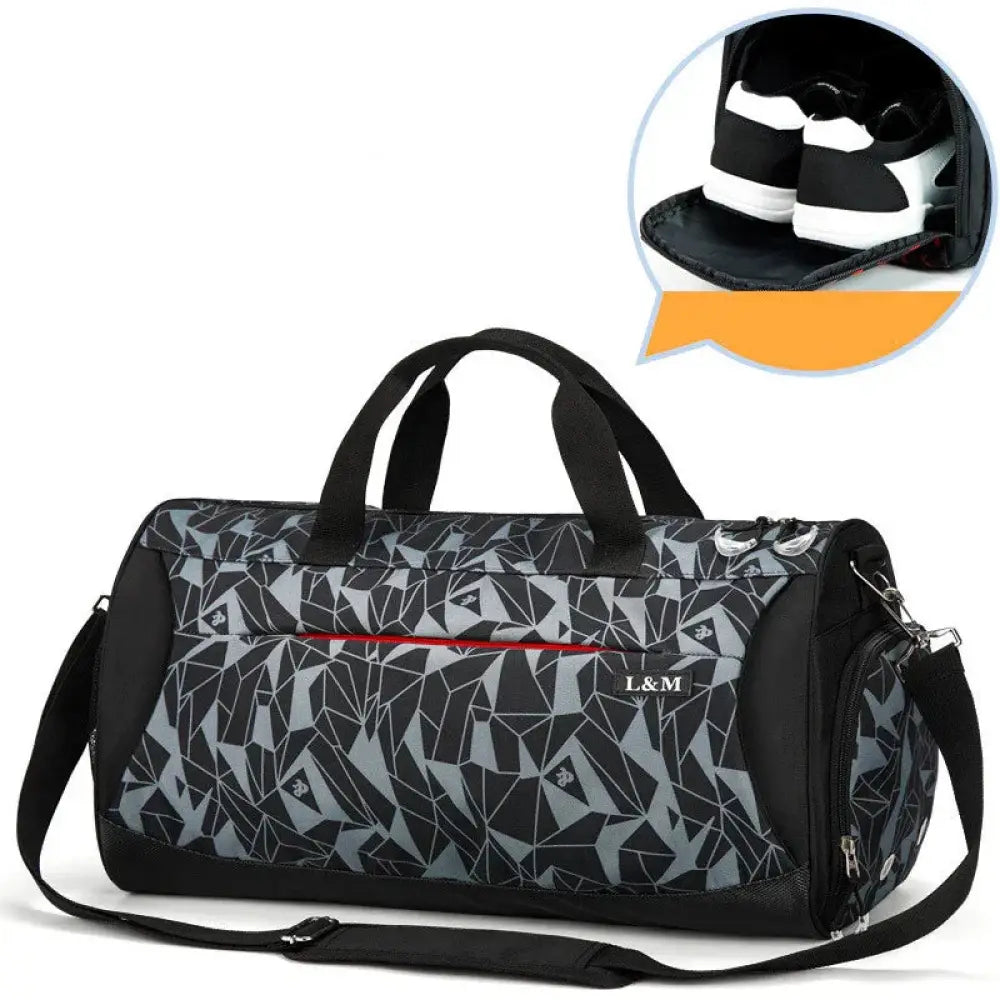 Arbaglobal men’s black and gray geometric duffel bag with red zippers, shoulder strap, and large capacity for fitness training