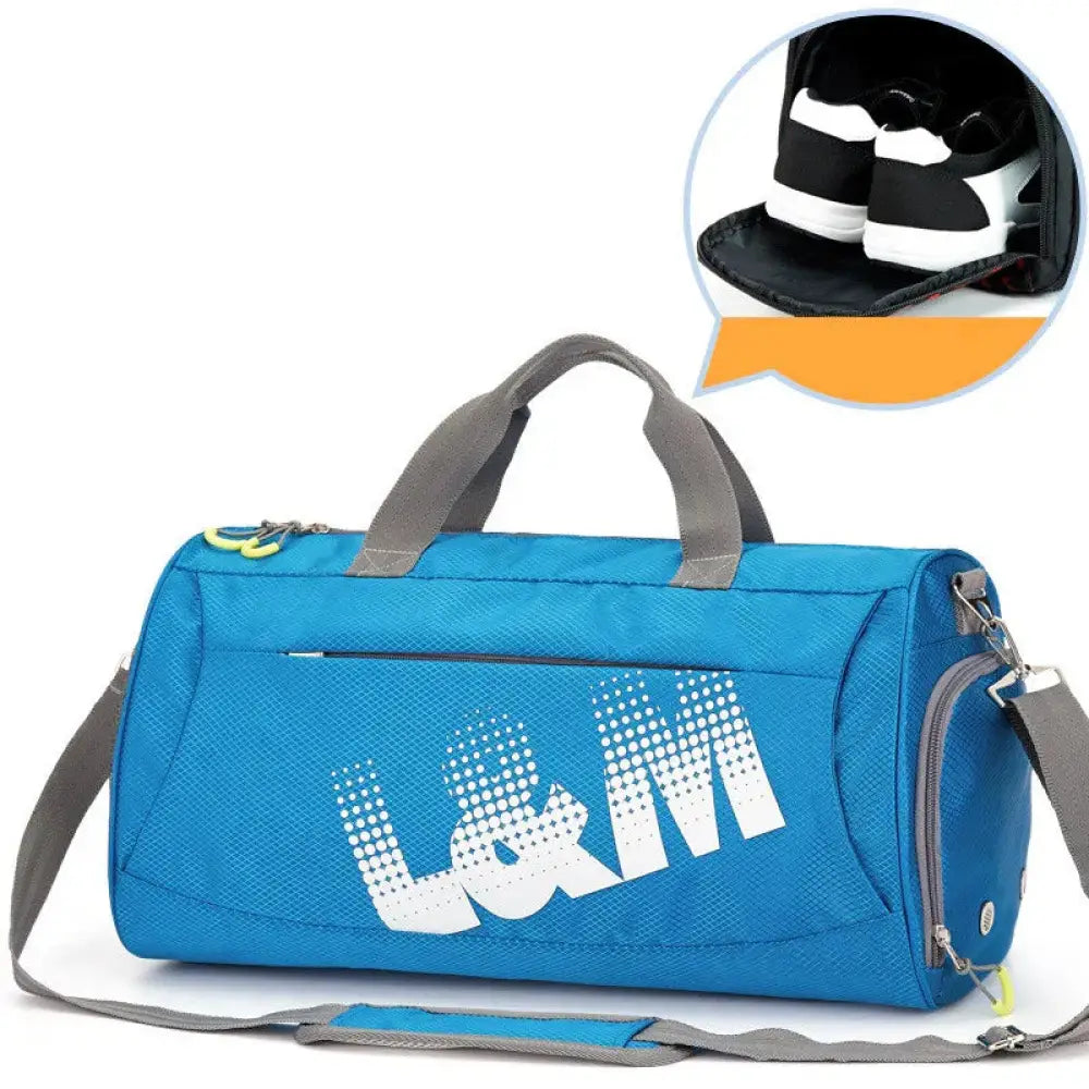 Arbaglobal men’s large capacity fitness training duffel bag in blue textured fabric with gray handles and shoulder strap