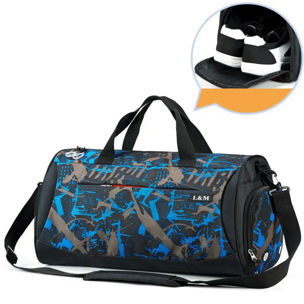 Arbaglobal men’s large capacity fitness training duffel bag with blue and black camouflage pattern and black handles