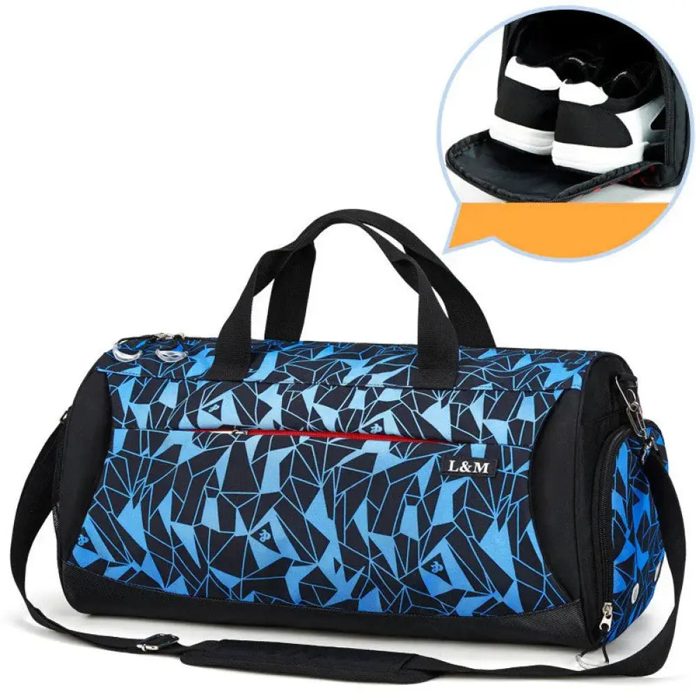 Arbaglobal men’s large capacity fitness training duffel bag in blue and black geometric pattern with black handles and strap