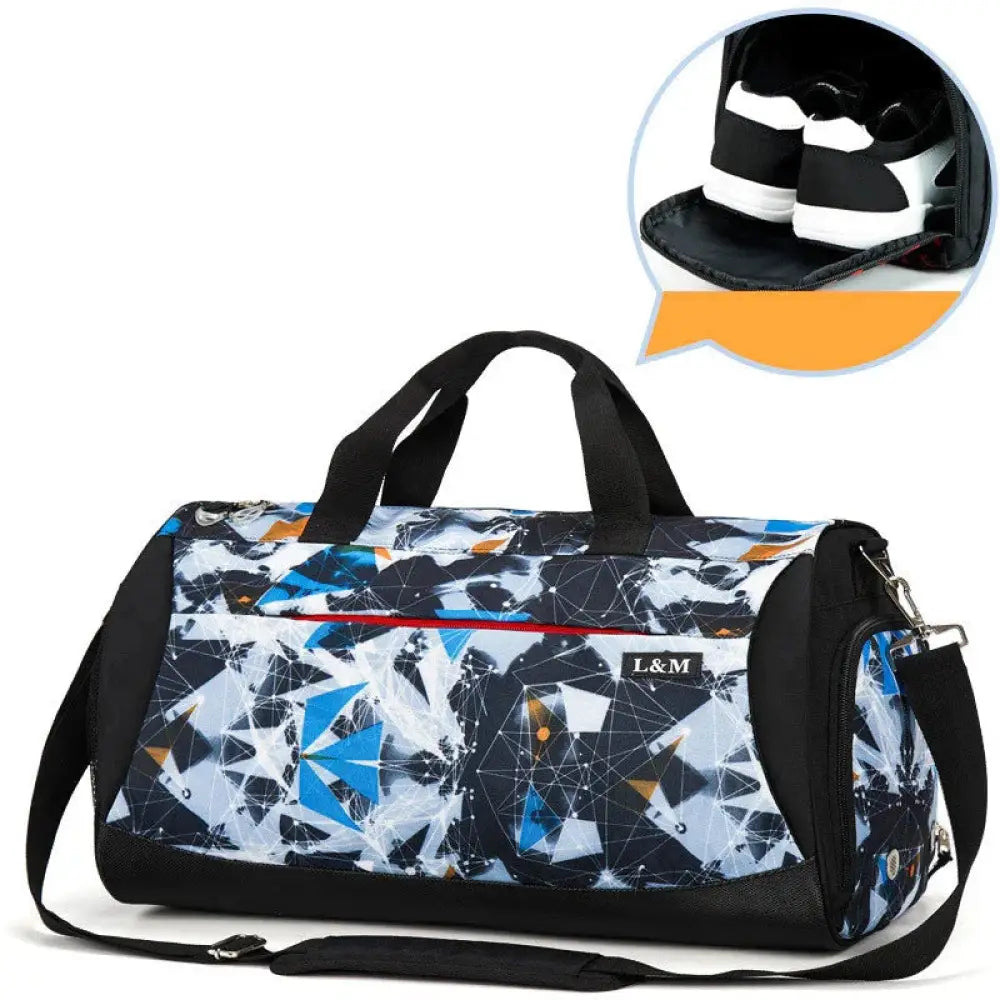 A stylish l&m duffel bag with a bold blue white and black geometric pattern and red zipper accents for men’s fitness training