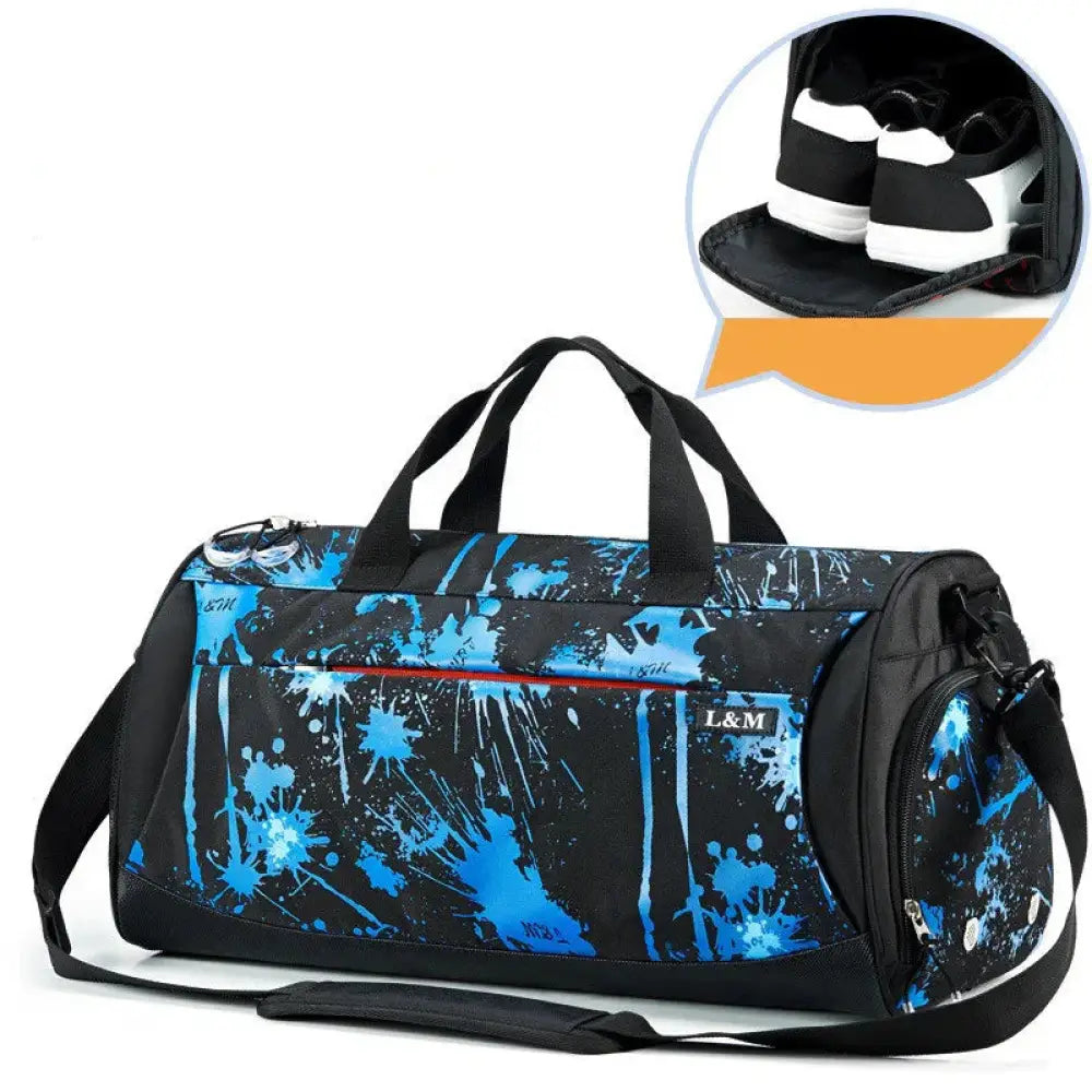 Arbaglobal men’s large capacity fitness training duffel bag in black and blue splatter pattern with black handles and strap