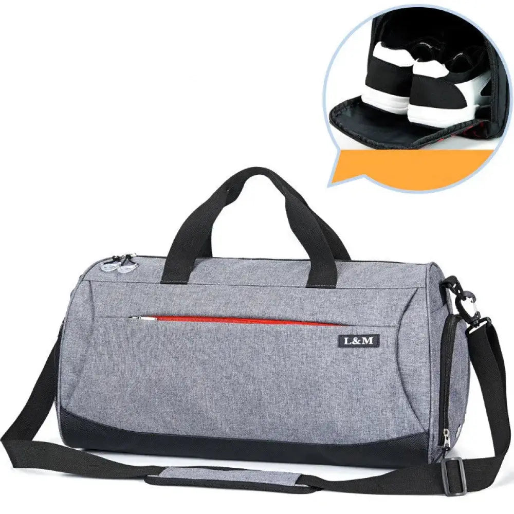 Arbaglobal men’s large capacity fitness training duffel bag in gray heathered fabric with black accents and red zipper pull