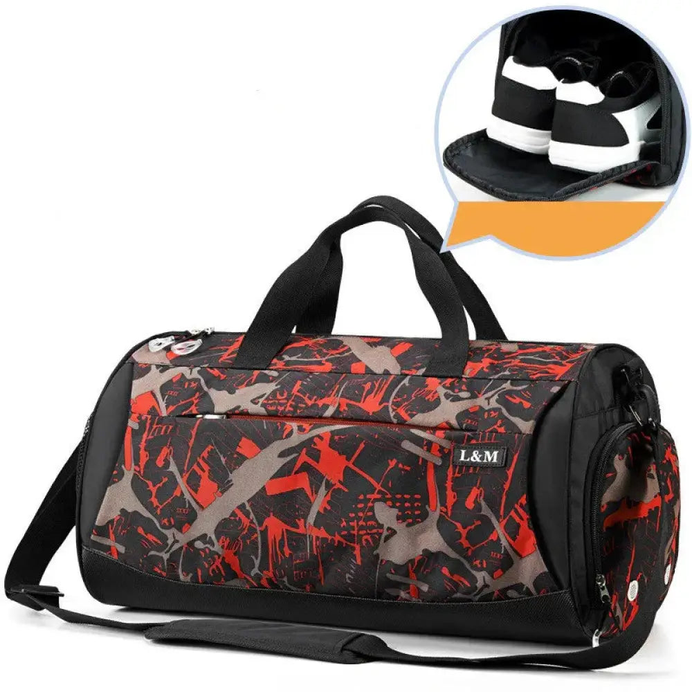 Arbaglobal men’s large capacity fitness training duffel bag in black and red abstract pattern with shoulder strap