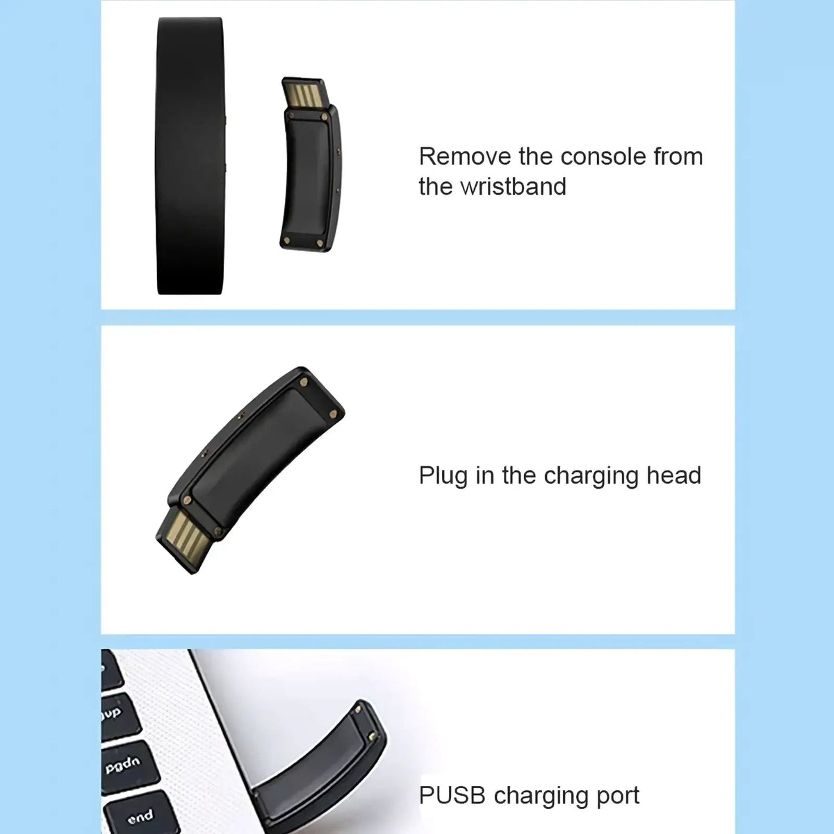 Black curved fitness tracker smart sports bracelet console with usb charging port for active lifestyle use