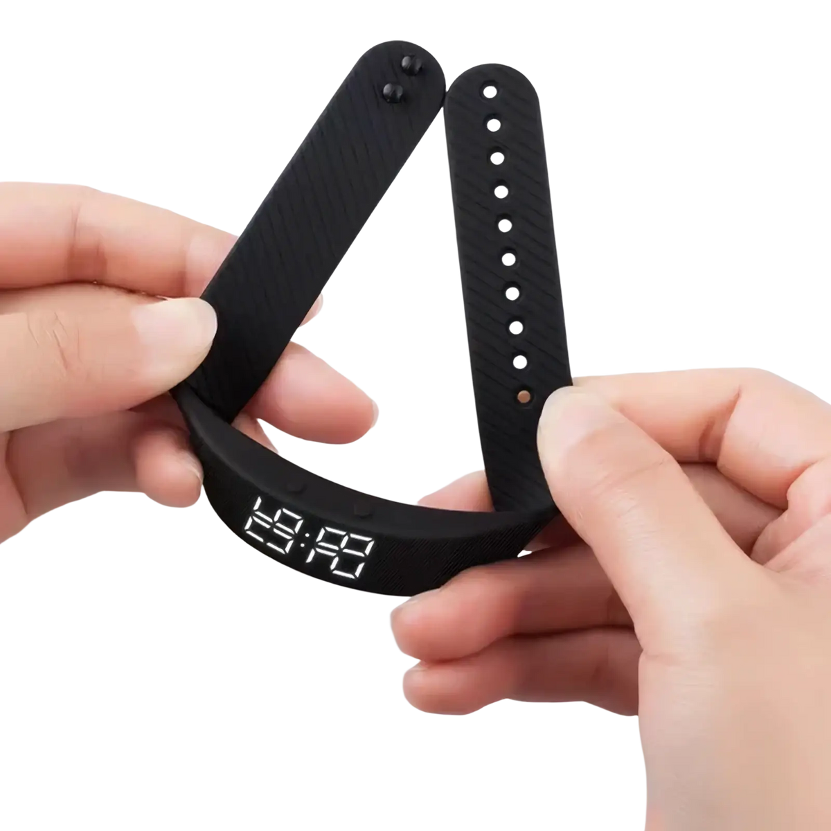 Black fitness tracker smart sports bracelet with a sleek flexible silicone strap and led display showing the time