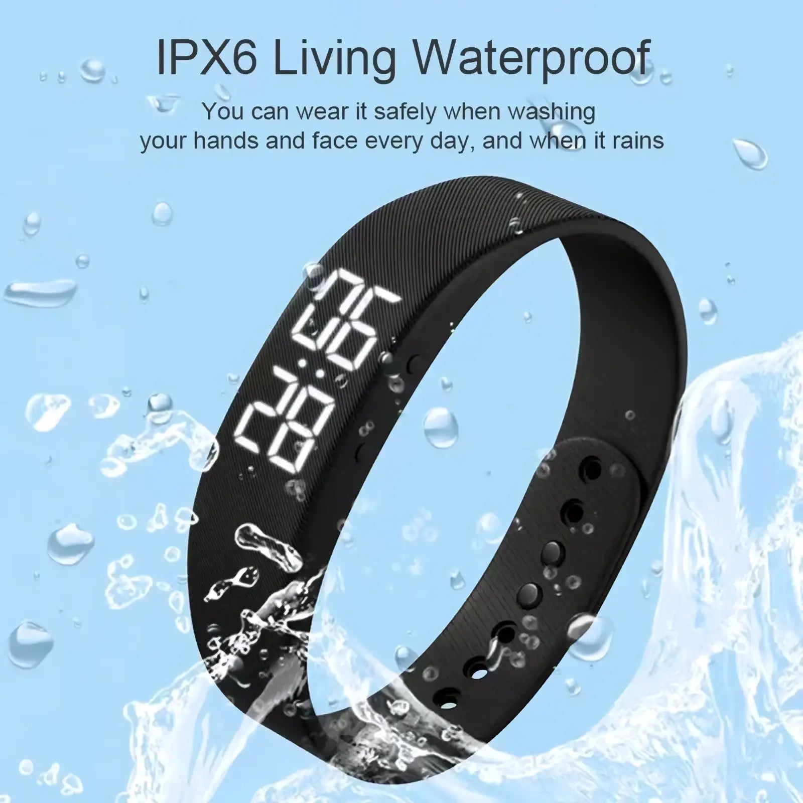 Black fitness tracker smart sports bracelet with a sleek textured strap and bright white led time display