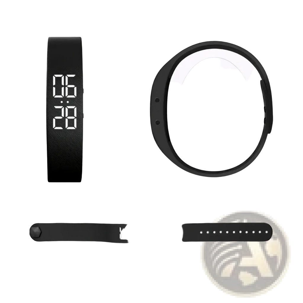 Black fitness tracker smart sports bracelet with sleek minimalist design and white led time display on digital wristband
