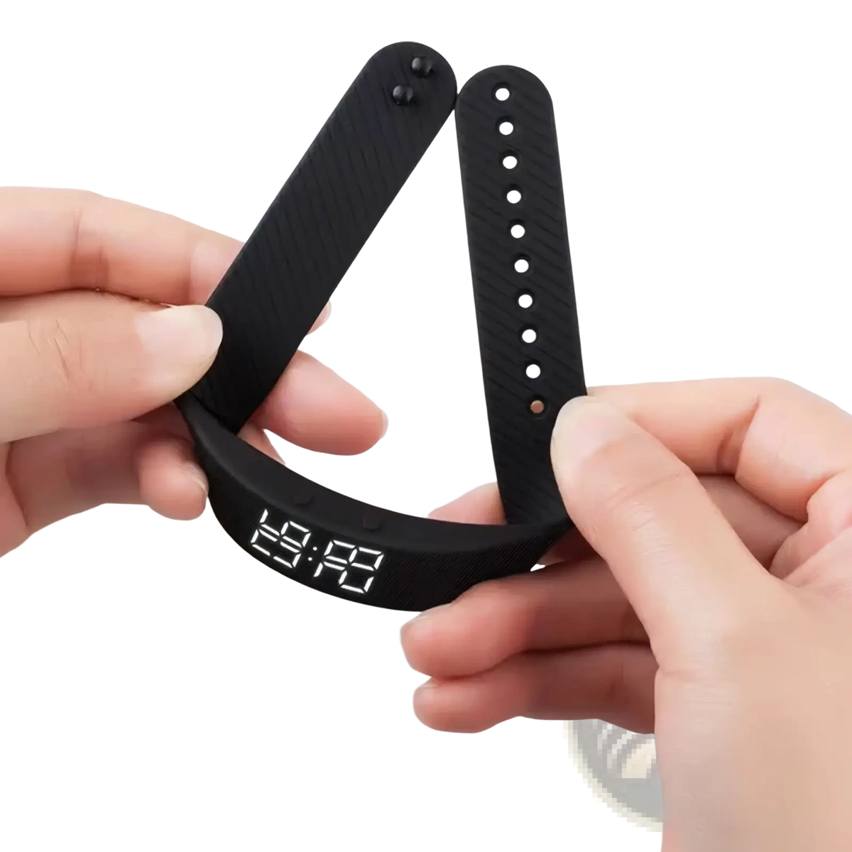 Black fitness tracker smart sports bracelet with a sleek flexible silicone strap and led display showing the time