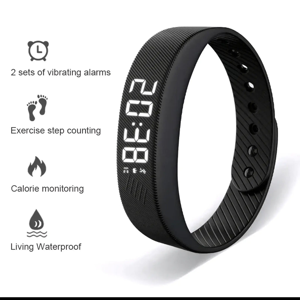 Black silicone fitness tracker smart sports bracelet with digital display showing time and step count