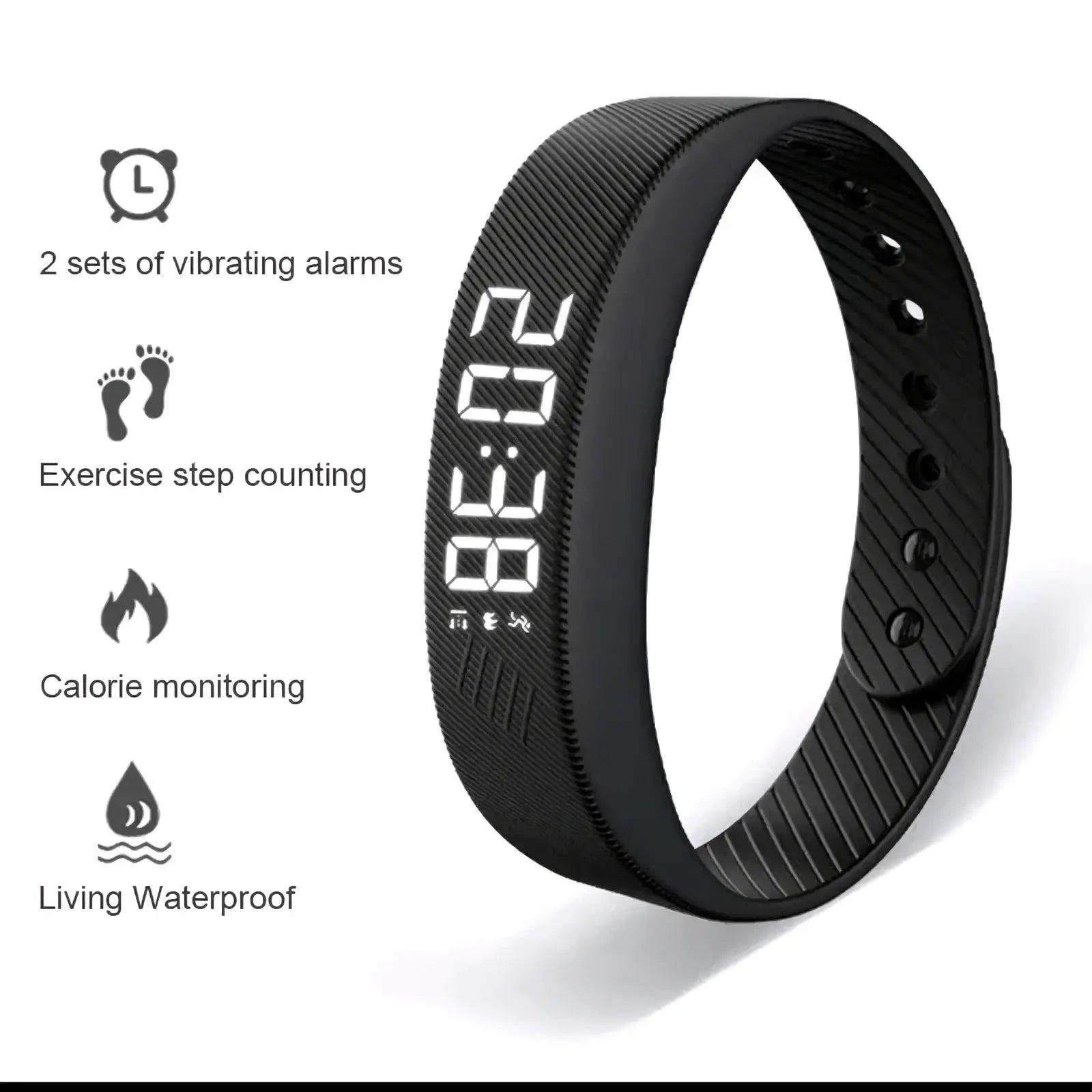 Black silicone fitness tracker smart sports bracelet with digital display showing time and step count