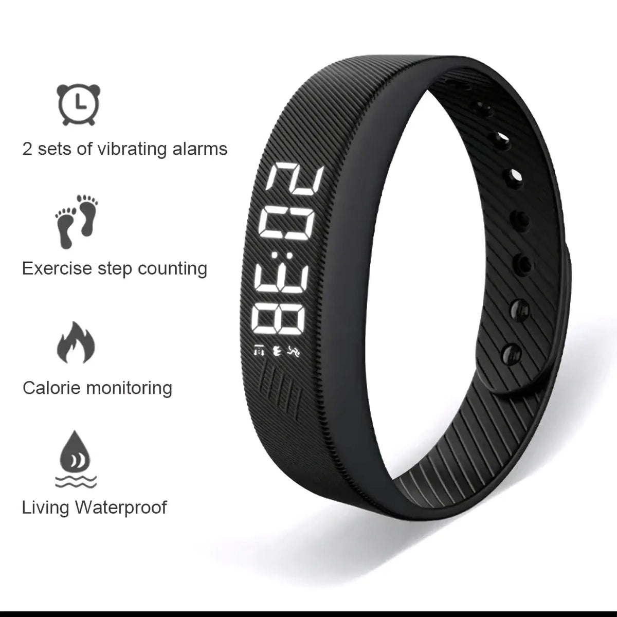 Black silicone fitness tracker smart sports bracelet with digital display showing time and step count