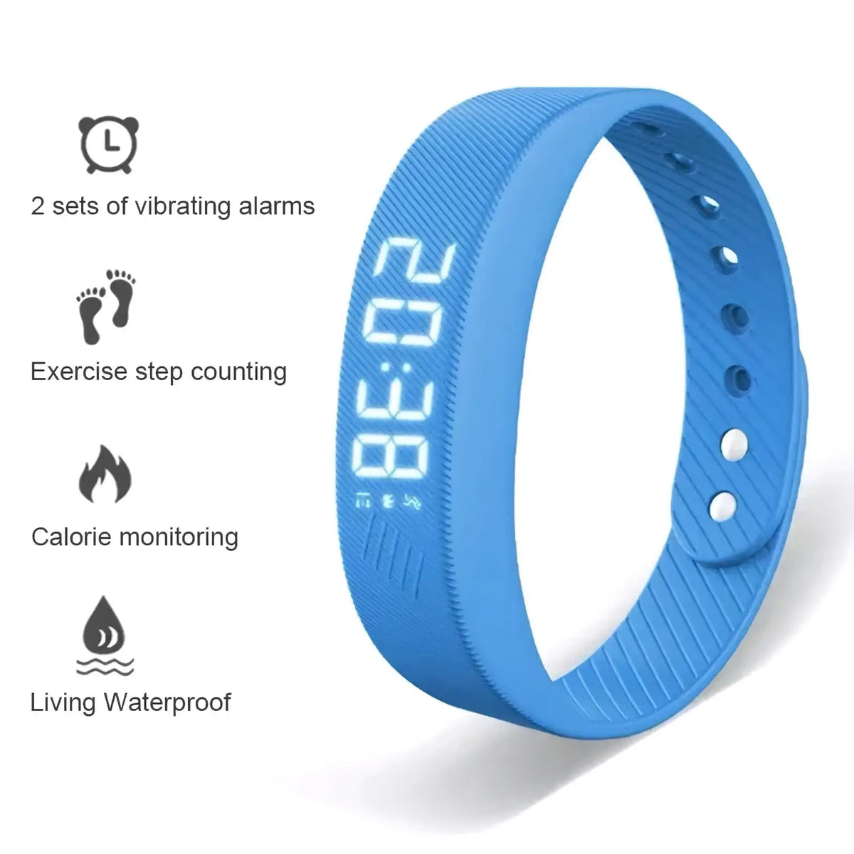 Blue silicone fitness tracker smart sports bracelet with digital display showing the time for active use