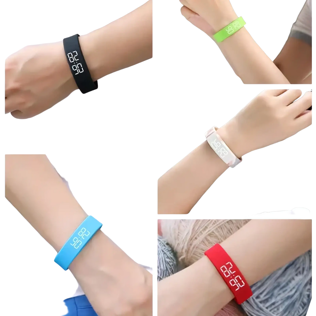 Colorful fitness tracker smart sports bracelets with led displays showing time for digital wristwear use