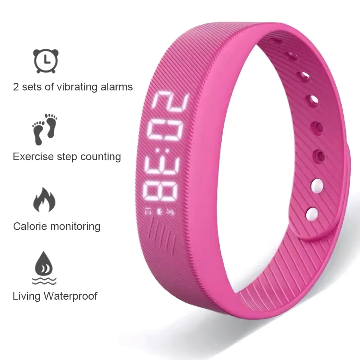 Pink silicone fitness tracker smart sports bracelet with digital display showing the time for sports use