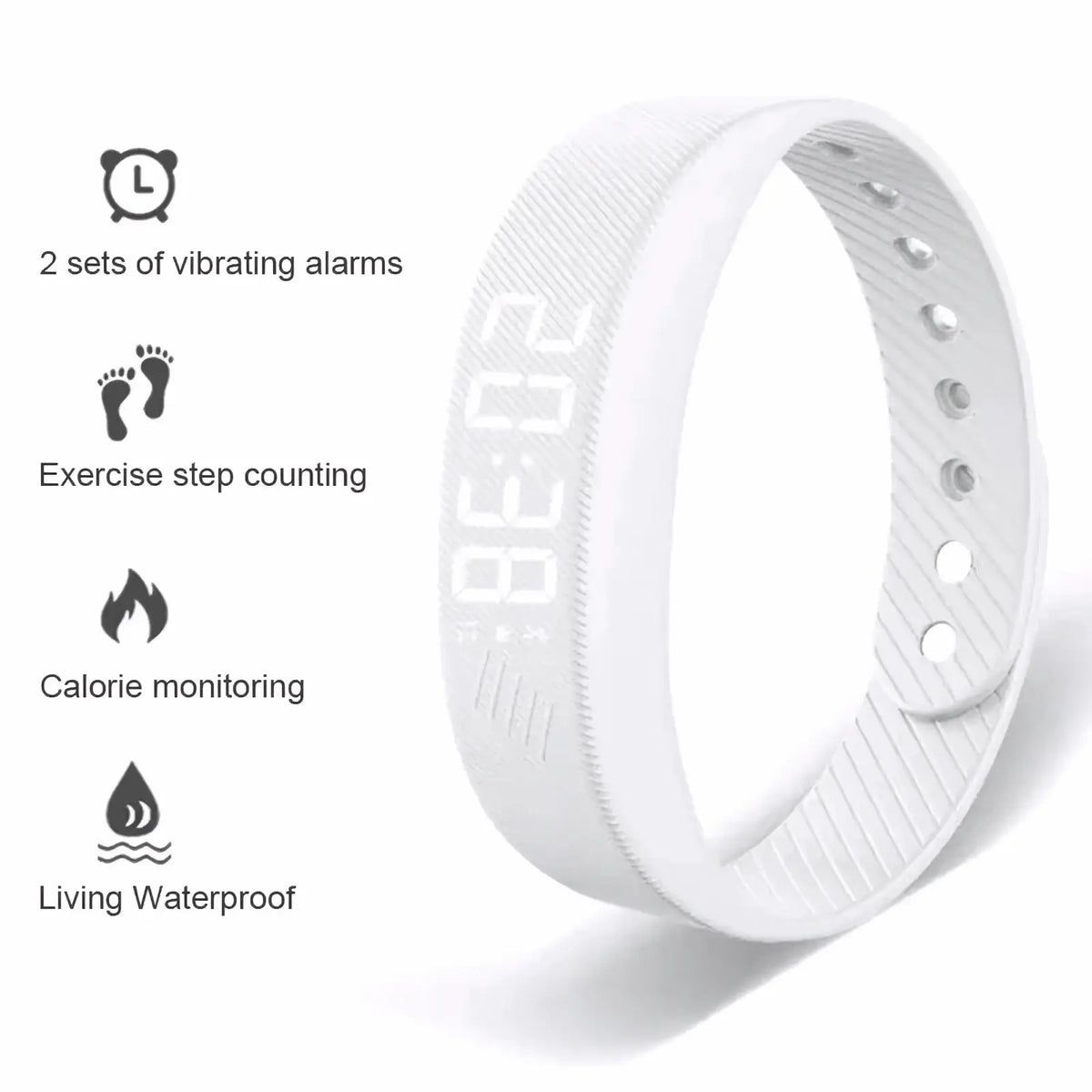 White silicone fitness tracker smart sports bracelet with digital display showing time for sports activities