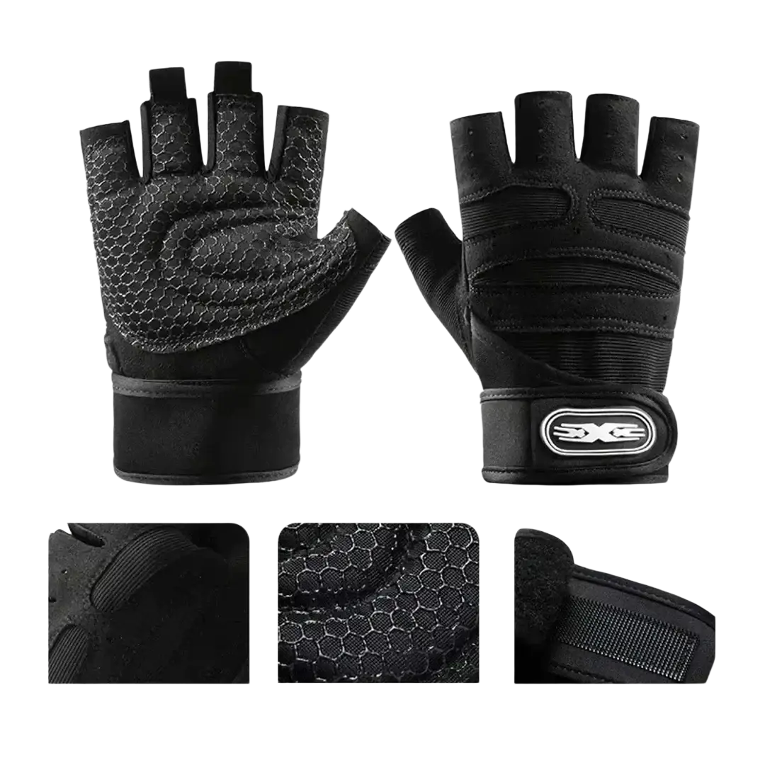 Black fitness workout gloves with fingerless design breathable mesh palm and reinforced wrist support strap visible on back side