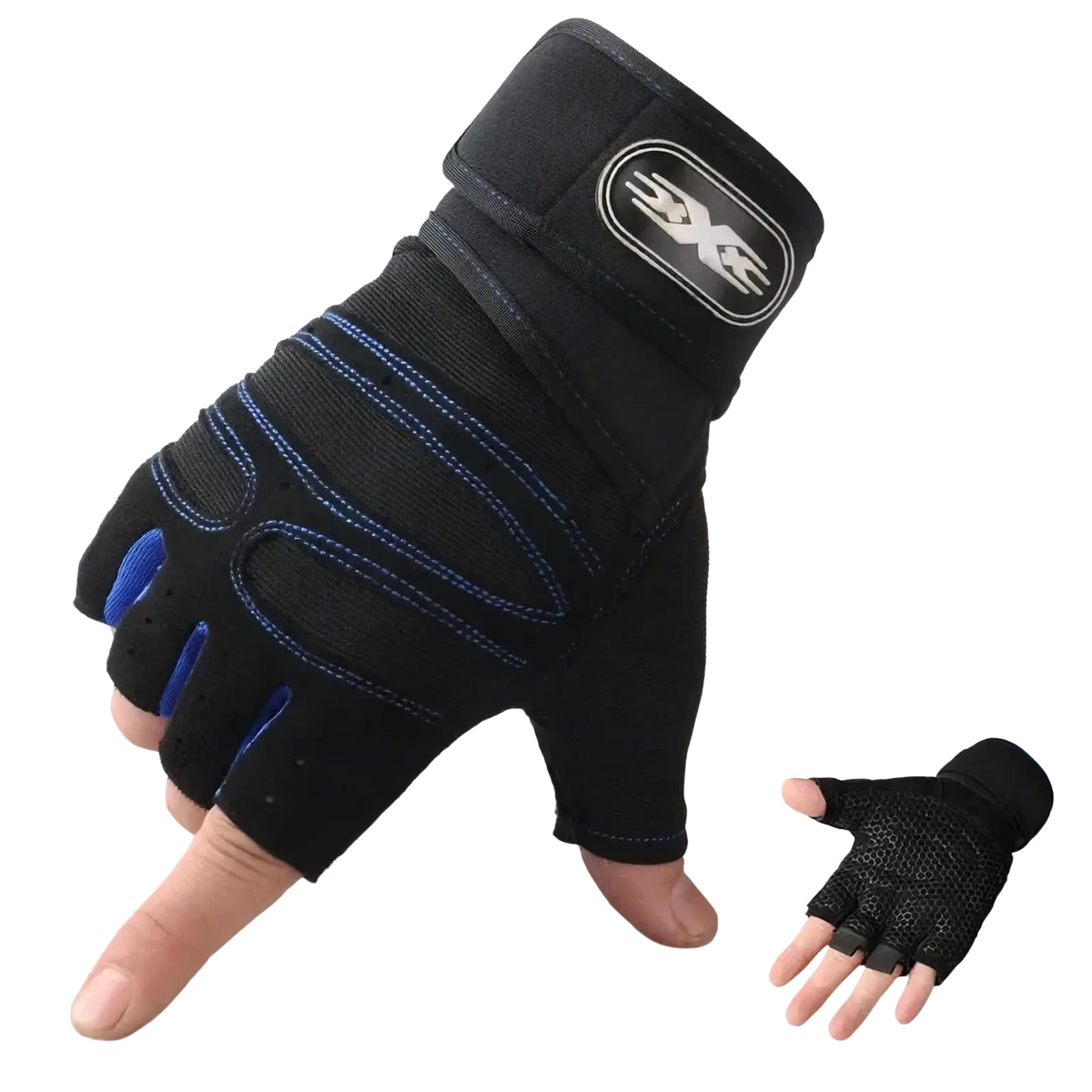 Black fingerless fitness workout glove with blue stitching and white logo wrist strap showing back side