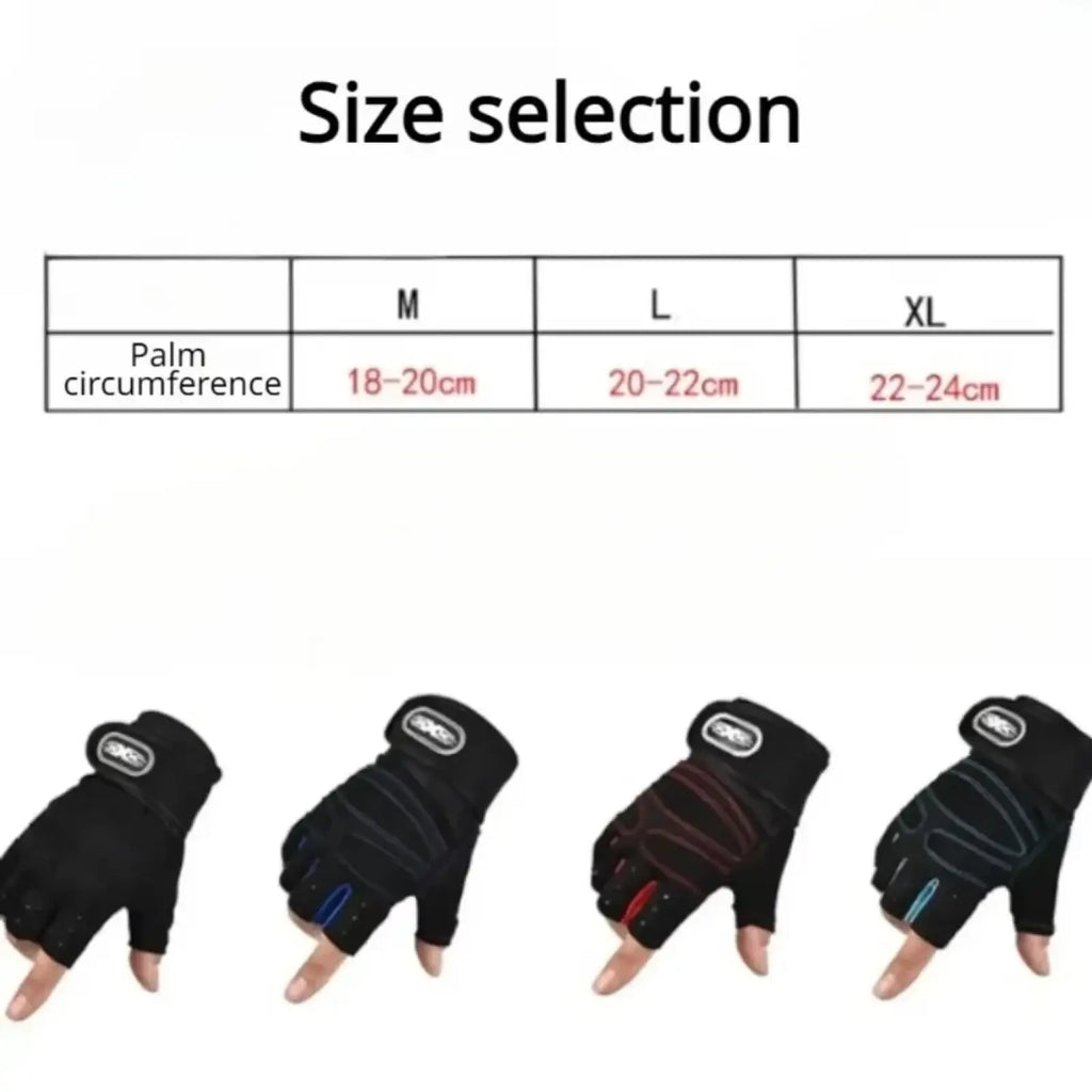 Fitness workout gloves with wrist support in black fingerless design with reinforced palm and blue or red accents on back