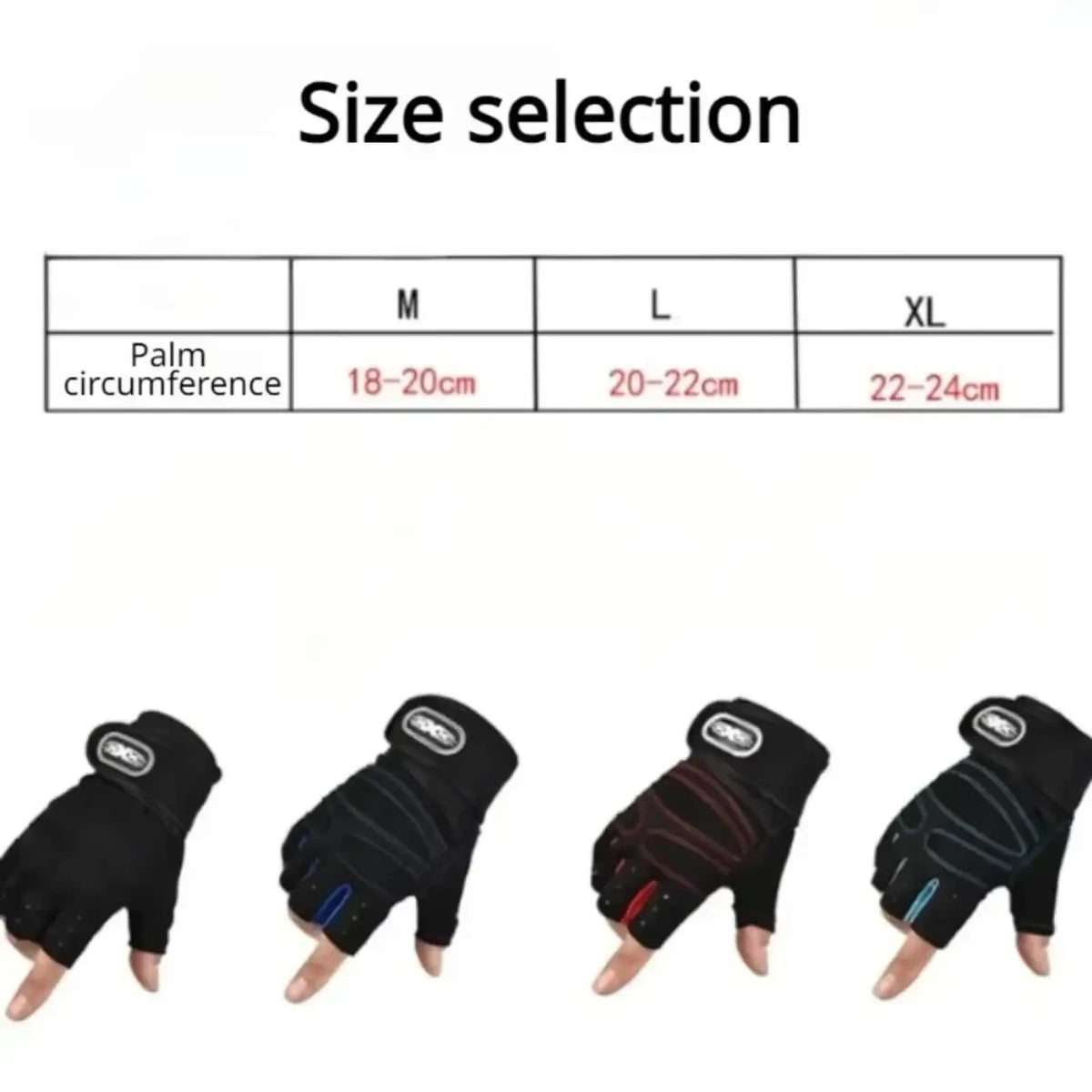 Fitness workout gloves with wrist support in black fingerless design with reinforced palm and blue or red accents on back