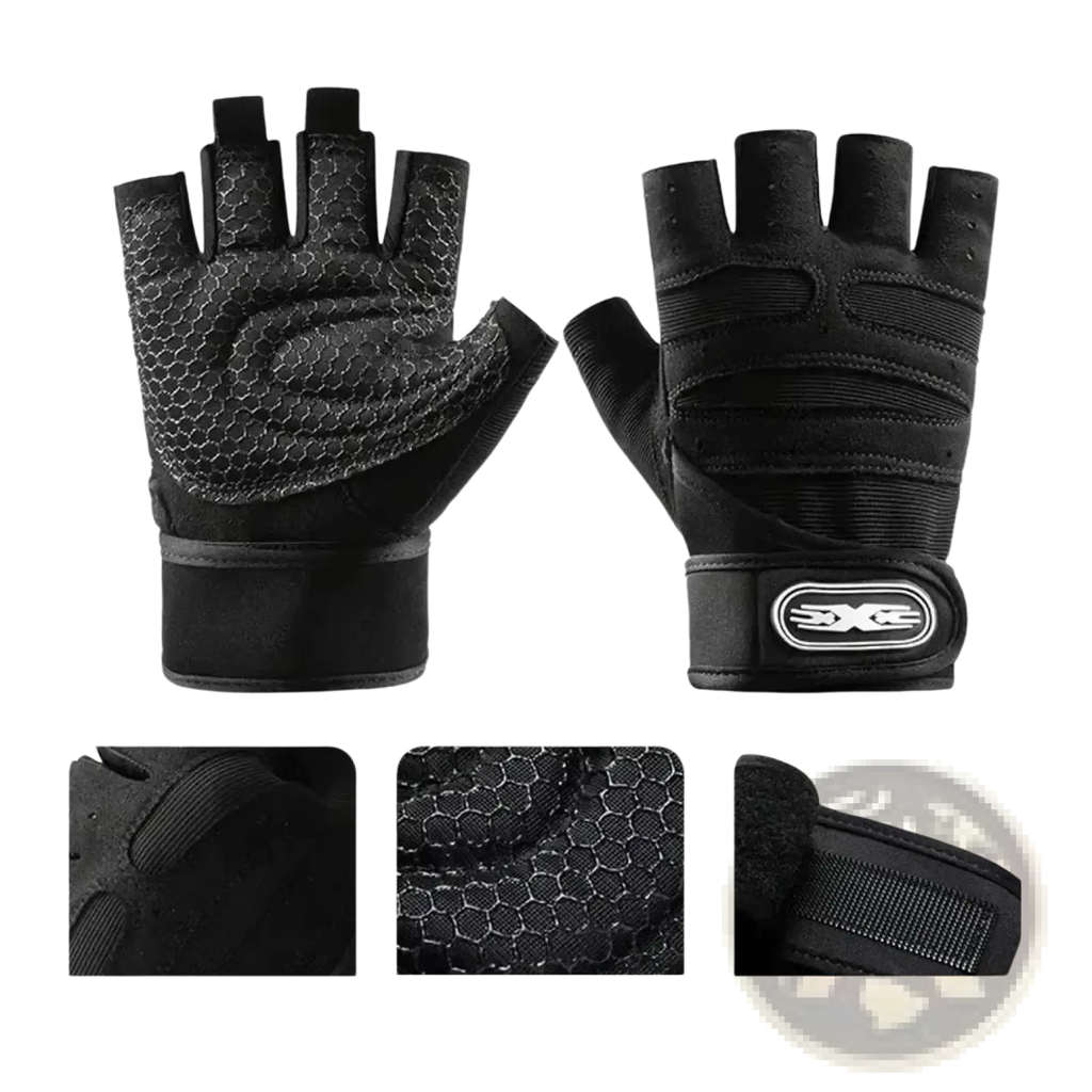 Black fitness workout gloves with fingerless design breathable mesh palm and reinforced wrist support strap visible on back side
